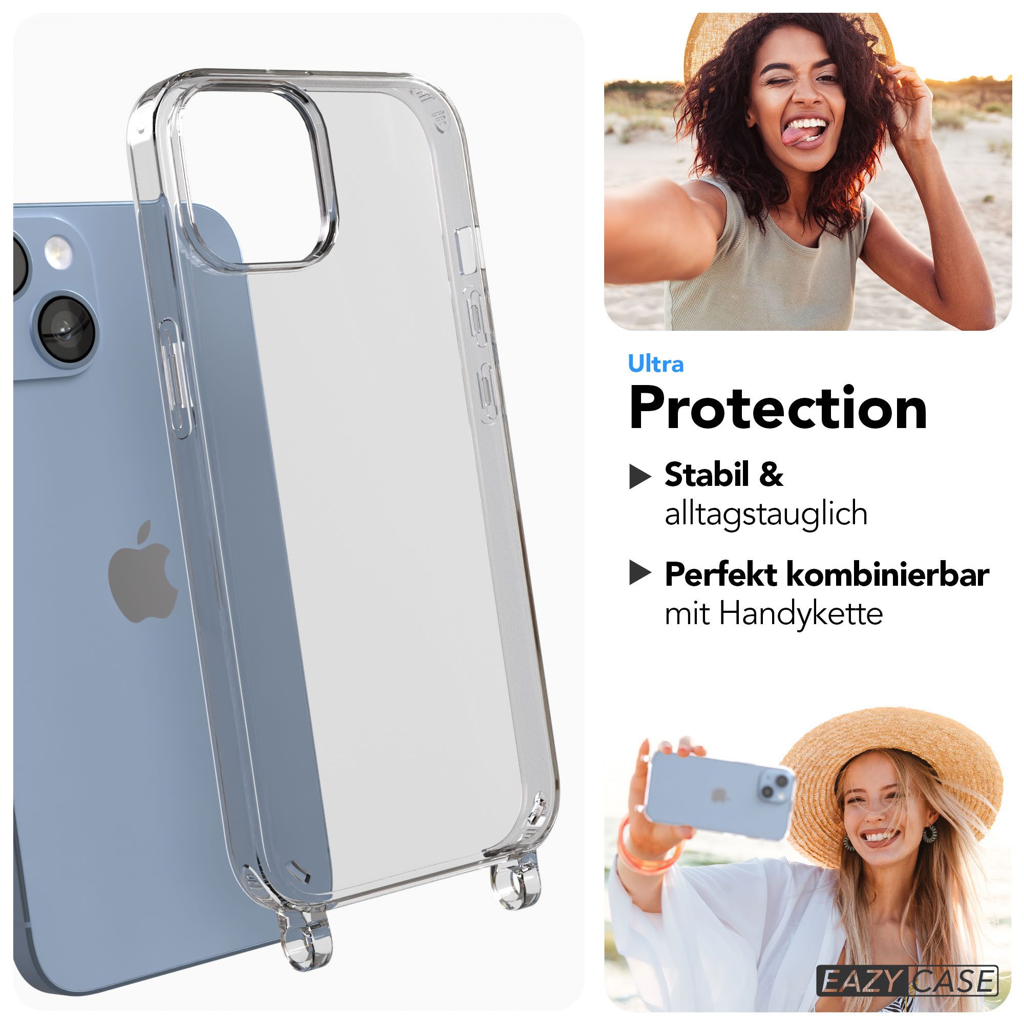 EAZY CASE Handykette Handyhülle für Handyketten mit Befestigungsösen für iPhone Modelle 6,1 Zoll, Hülle für Handykette, Transparent mit Ösen für Apple iPhone 14