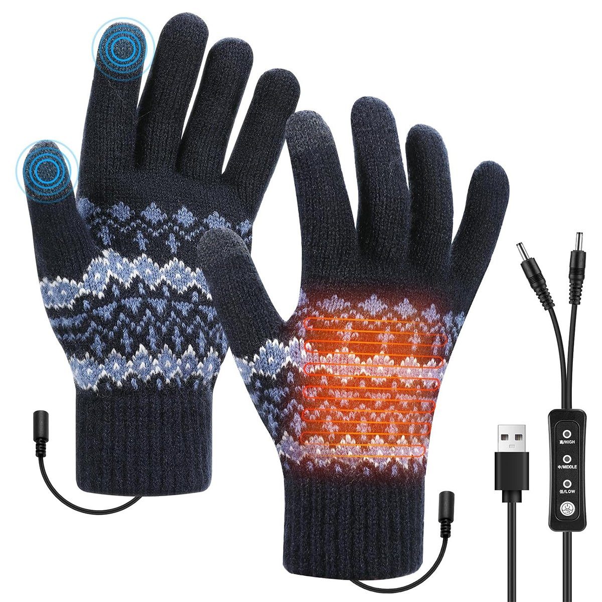 Welikera Handschuhe Schalter,3-stufige Beheizbare Winter-Arbeitshandschuhe mit Temperatureinstellung Blau