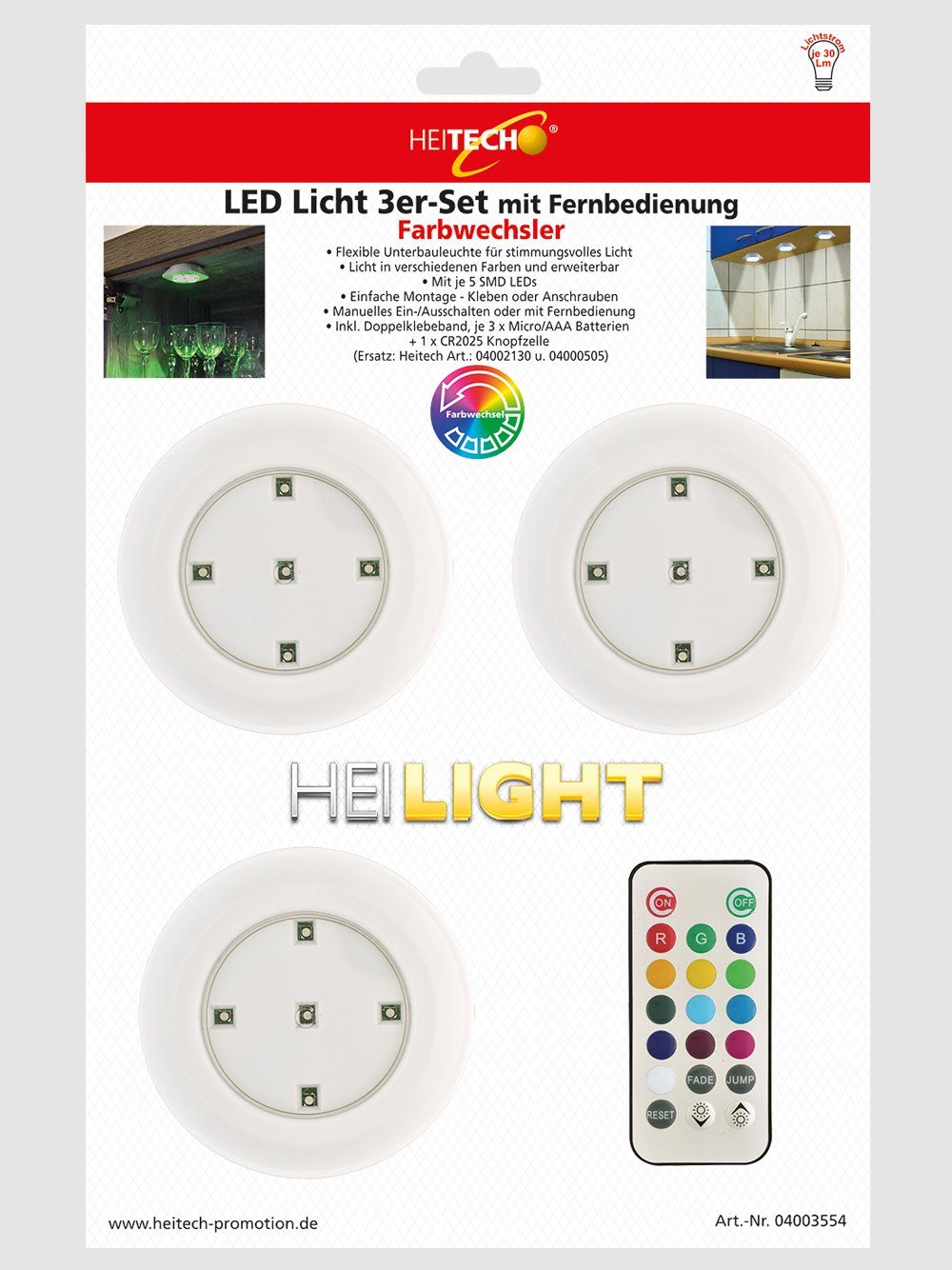 Lichter LED mit Fernbedienung HEITECH RGB mit - LED 3er Pack Wandleuchte batteriebetrieben