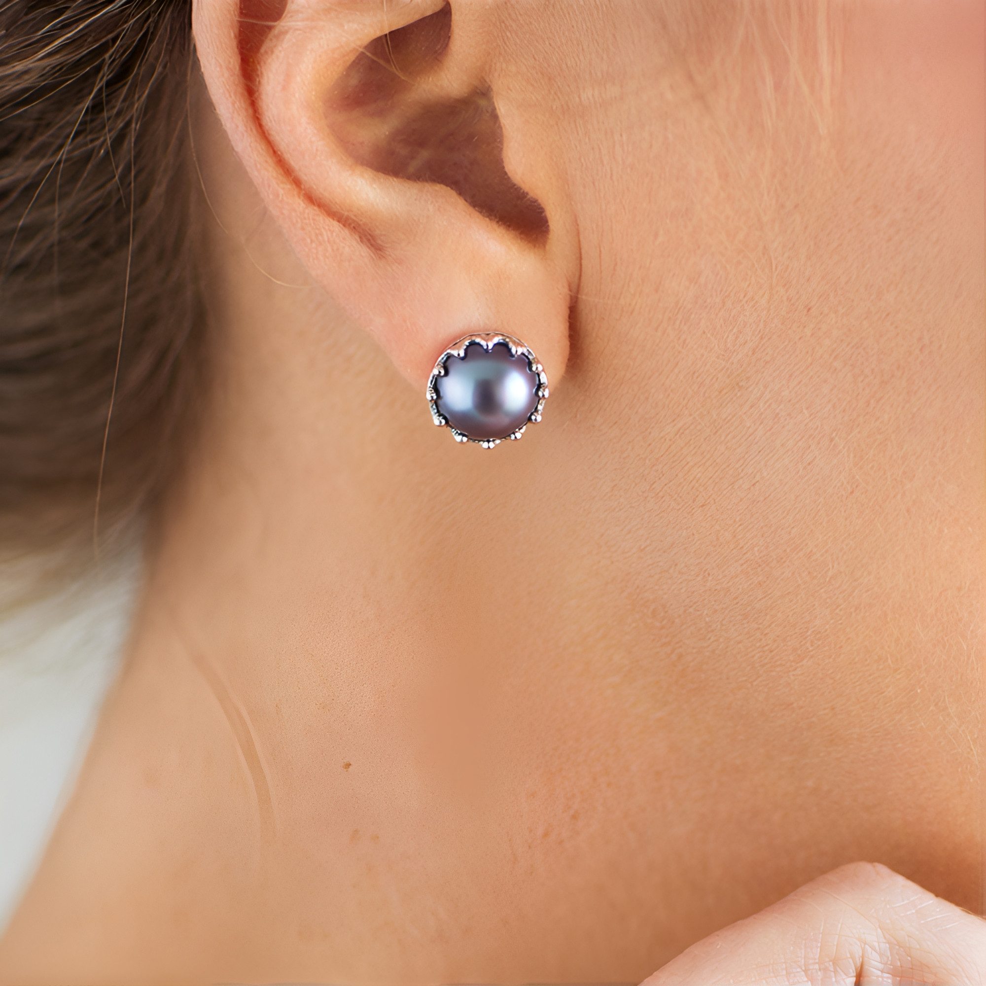 Cavill Perlenohrringe Blaue Mabe-Perlen Ohrringe, 12 mm rund, Sterlingsilber 925, elegant (2-tlg)