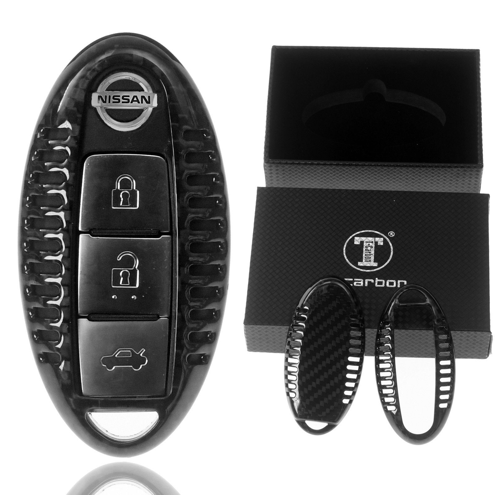 T-Carbon Schlüsseltasche Auto Schlüssel Echt Schutz Leaf X-Trail SMARTKEY Note Juke für Qashqai Schwarz, Micra Nissan KEYLESS Carbon Hülle