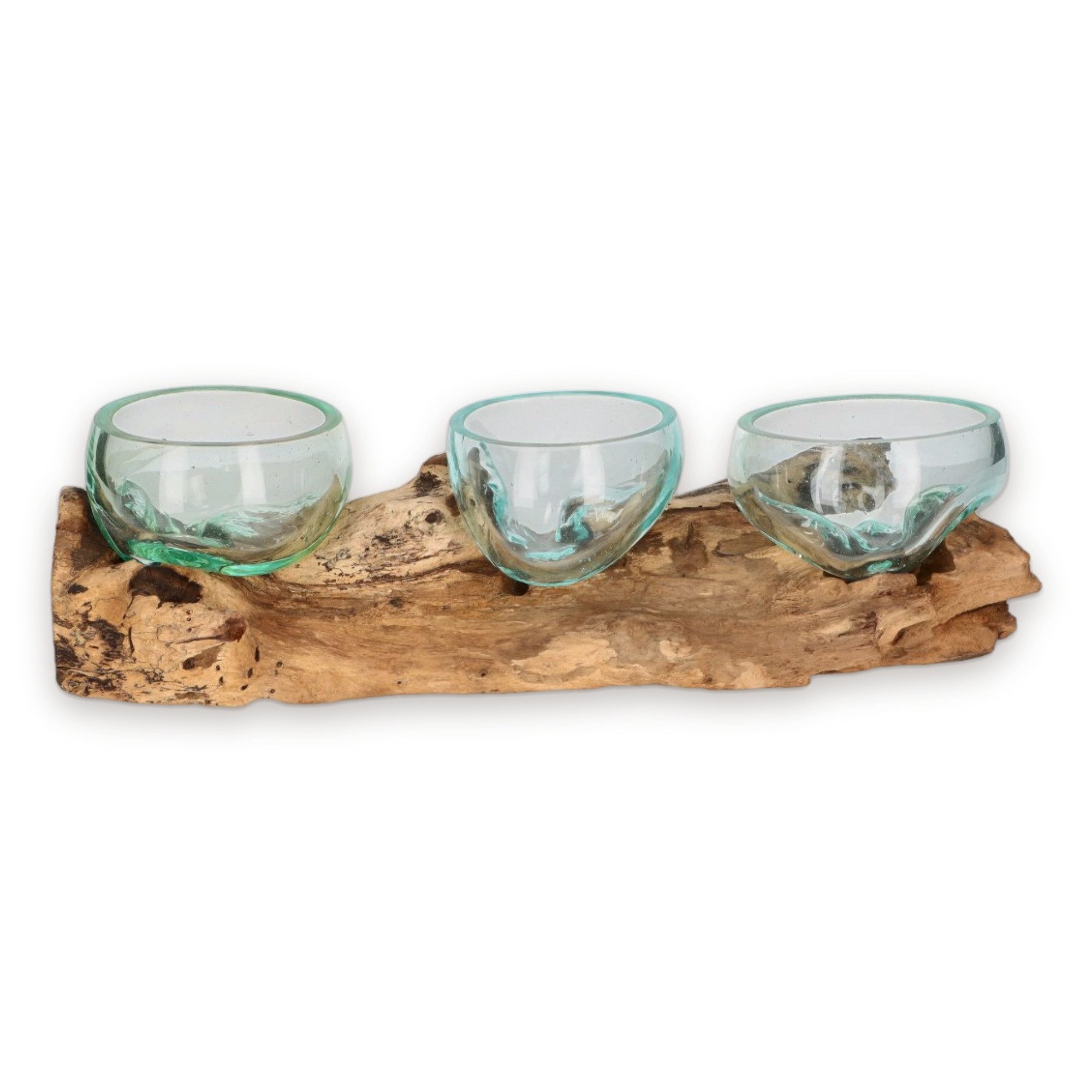 AlPa Living 100% Handmade Windlicht Wurzelholz mit 3 runden Glasschalen, Glasschalen herausnehmbar