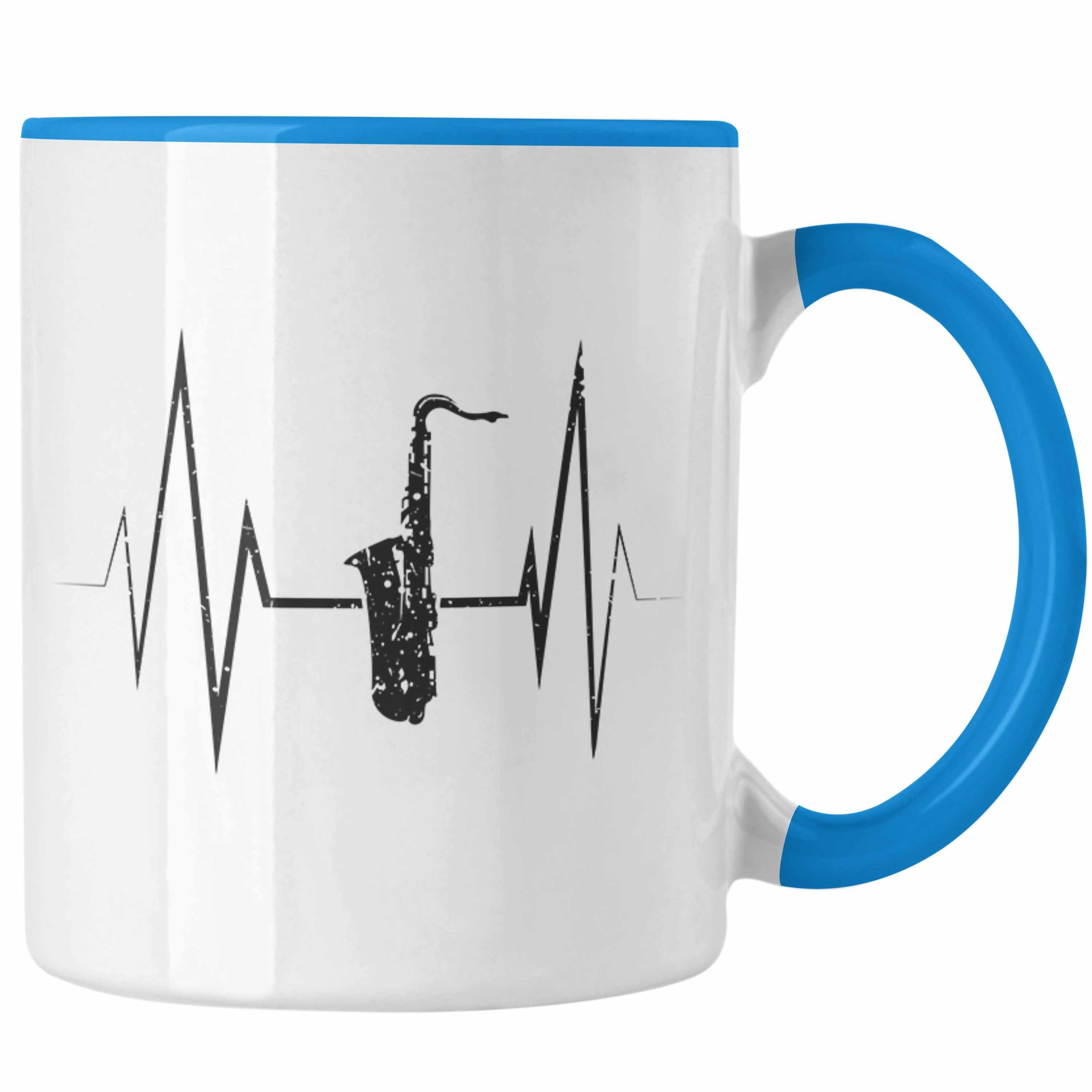 Trendation Tasse Saxophon Geschenk Kaffeebecher Tasse Herzschlag Blau Geschenki Saxophonist