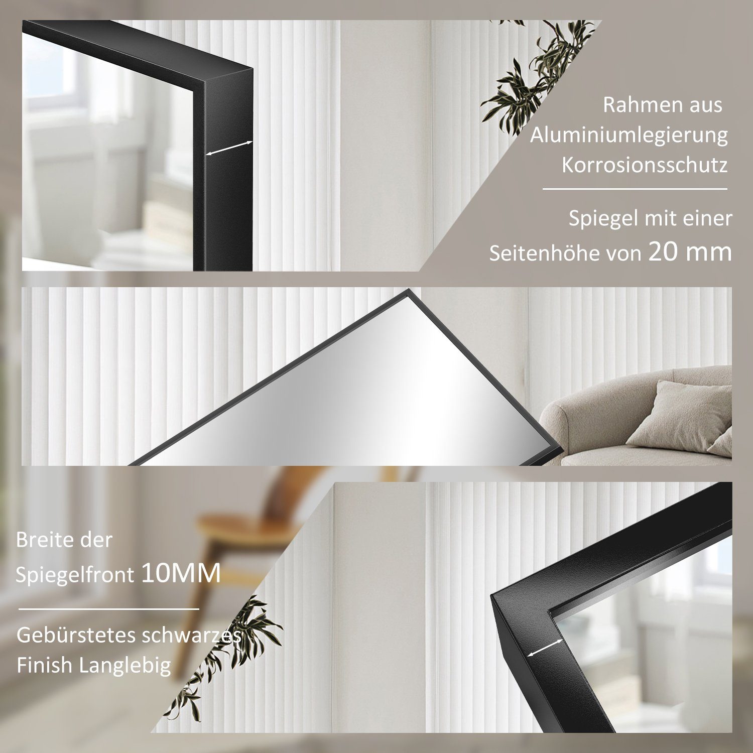 mit (Dekospiegel Wand Flurpiegel eckig, Umweltschutz Metall Aluminium Horizontal, Vertikal, Rahmen 40-160cm, Boromal Ganzkörperspiegel Flur 5mm Spiegel), Wandspiegel Spiegel Hängend, modern Schwarz gelehnt