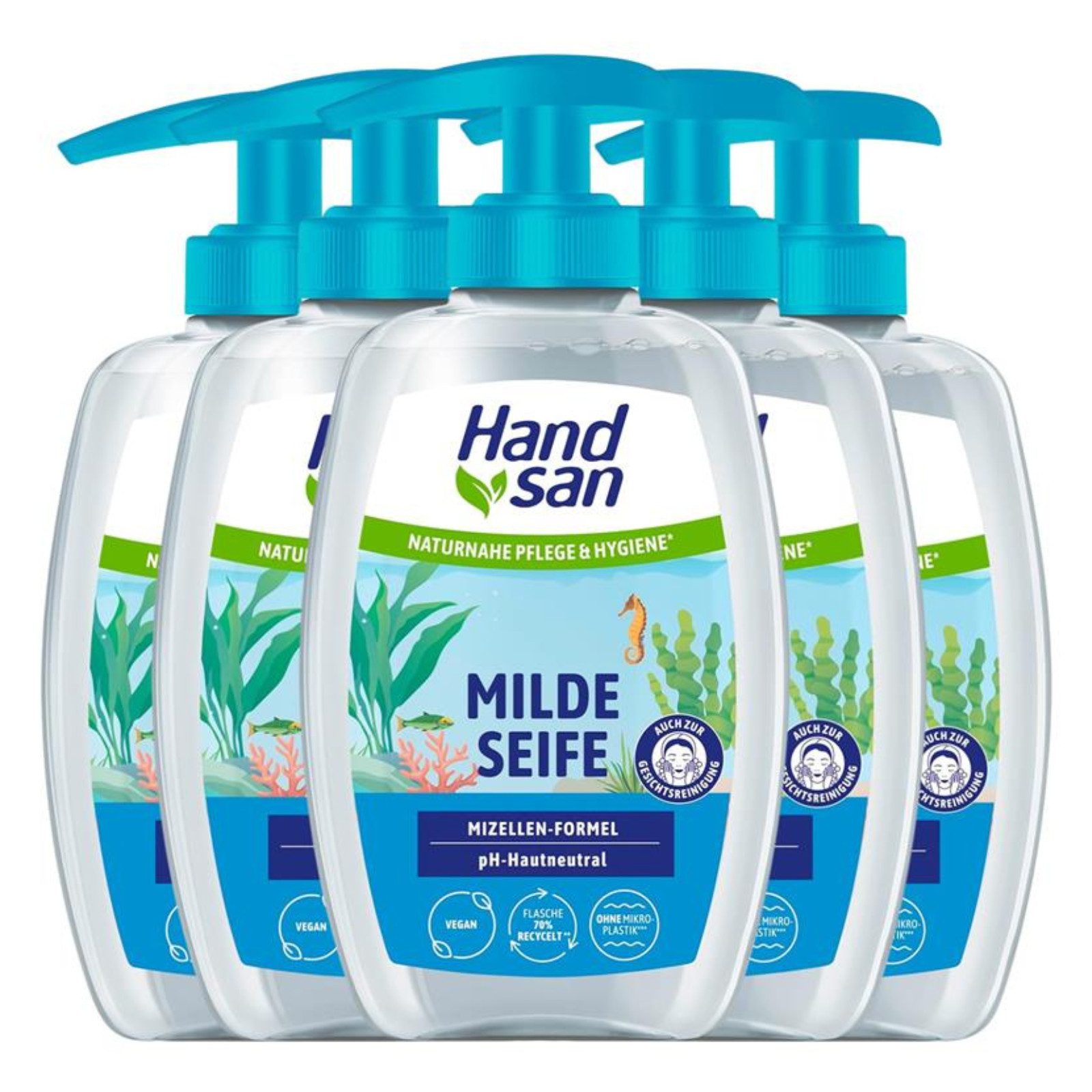 Handsan Seifen-Set 5 x Hand San Milde Seife mit Mizellen-Formel je 300ml pH-neutral auch