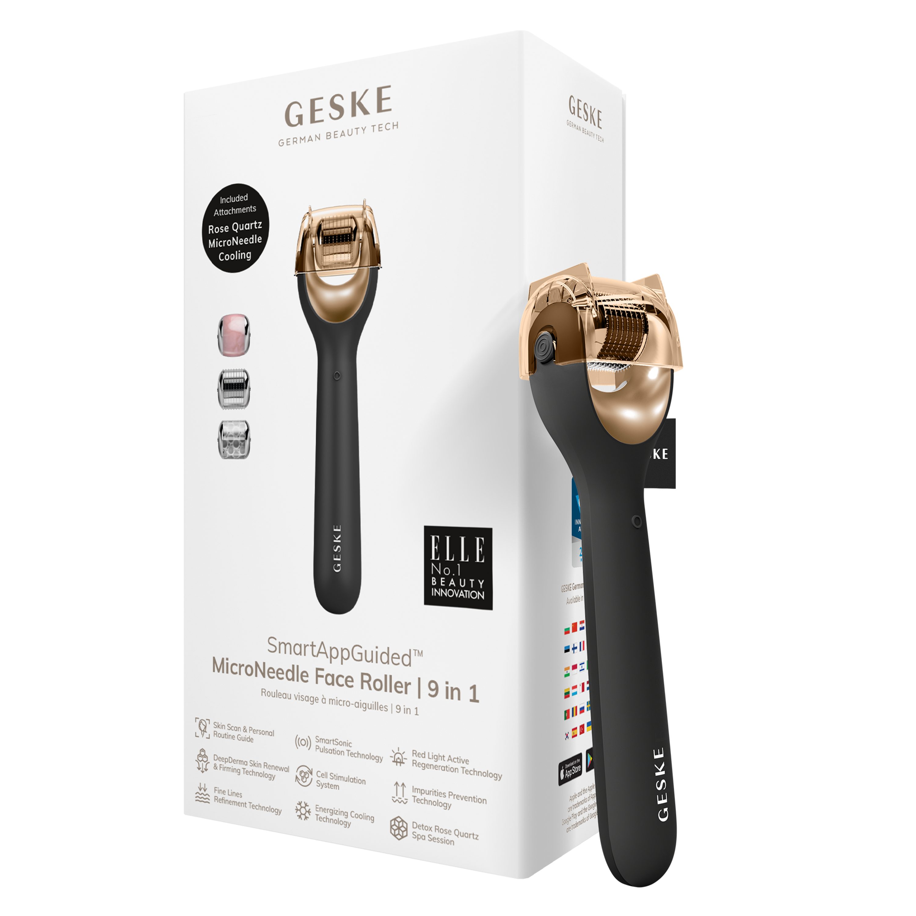 GESKE German Beauty Tech Micro-Needling SmartAppGuided™ MicroNeedle Face Roller 9 in 1, Packung (Gerät & USB-Ladekabel), 2-tlg., Gerät inkl. kostenloser APP (SmartAppGuided Device), Mit der GESKE App erhältst Du deine personalisierte Hautpflegeroutine. Gray | Dermaroller