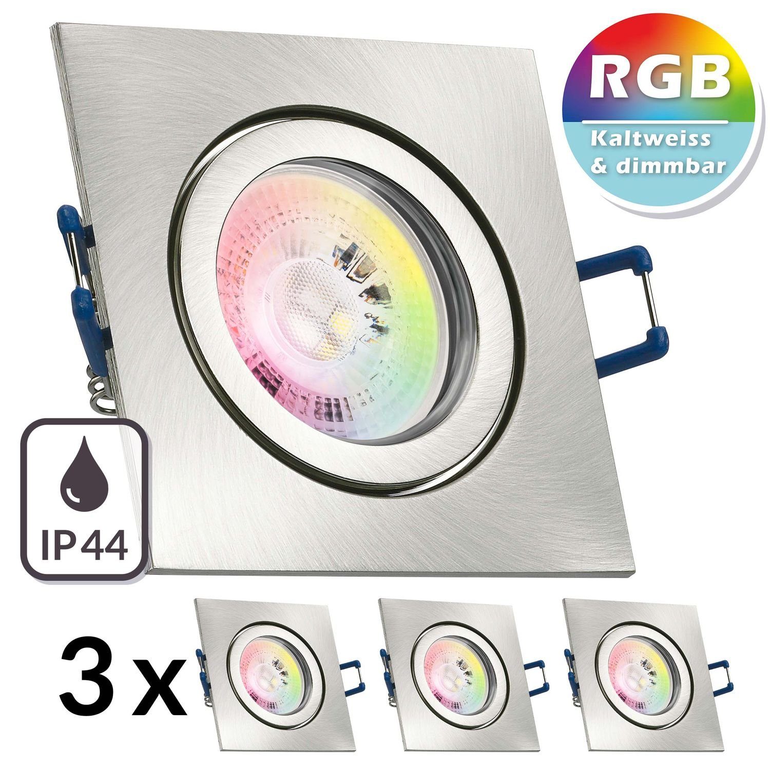 LEDANDO LED Einbaustrahler 3er IP44 RGB LED Einbaustrahler Set GU10 in edelstahl / silber gebürst