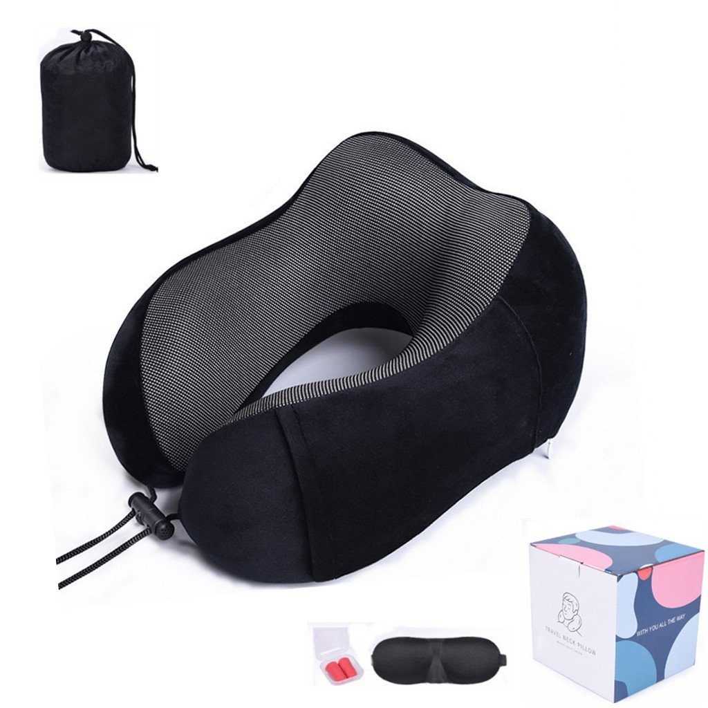 XDeer Nackenkissen Nackenkissen mit Schlafmaske,Ohrstöpsel,Tasche,weicher Nackenpolster Nackenstützkissen,maschinenwaschbares hochwertiges Reisekissen Camping, schwarz für und Reisen,Flugzeug,Büro ideal Memory-Schaum, ergonomisch geformtes