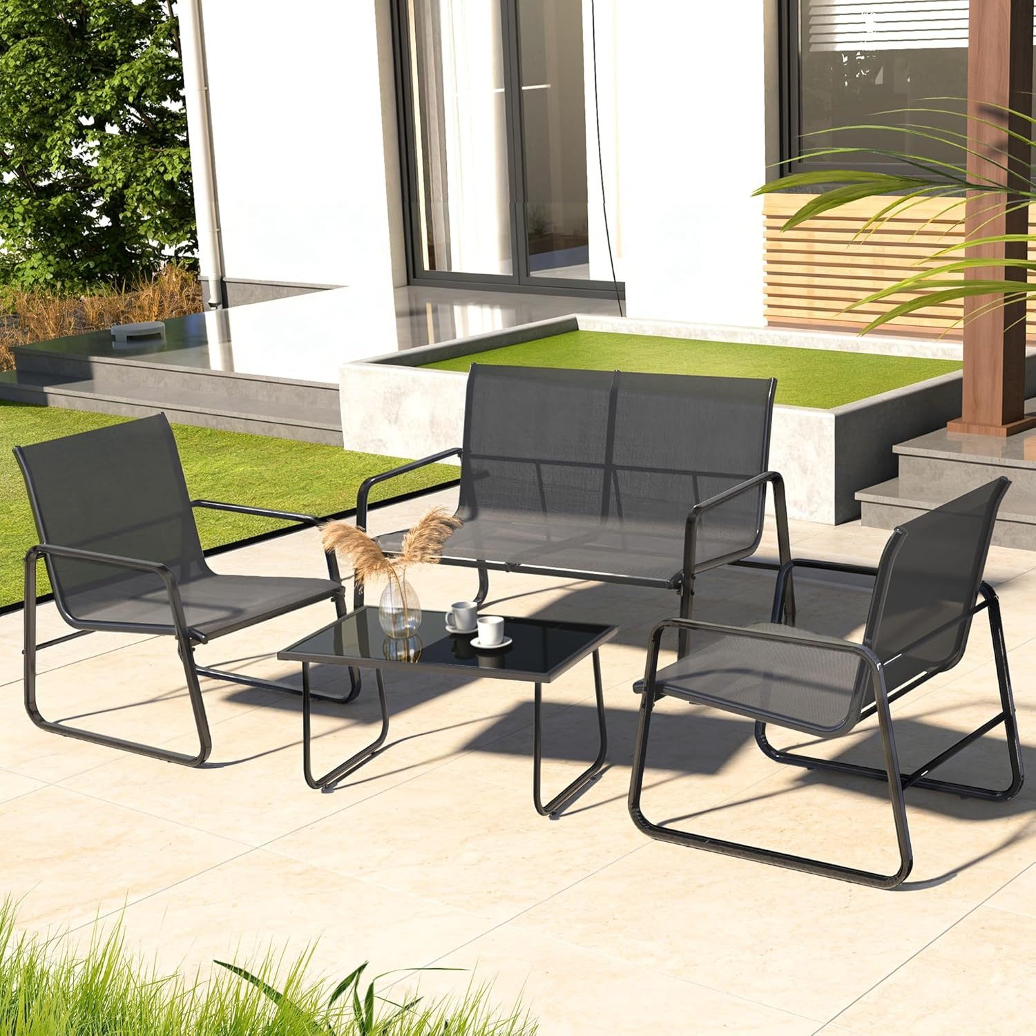 GOTLAND Gartenlounge-Set 4-teiliges Gartenmöbel-Set, Gartentisch und Stühle mit Zweisitzer, (Set, 4-tlg), atmungsaktiver Stoff & Stahlrahmen für Hinterhof, Balkon, Terrasse