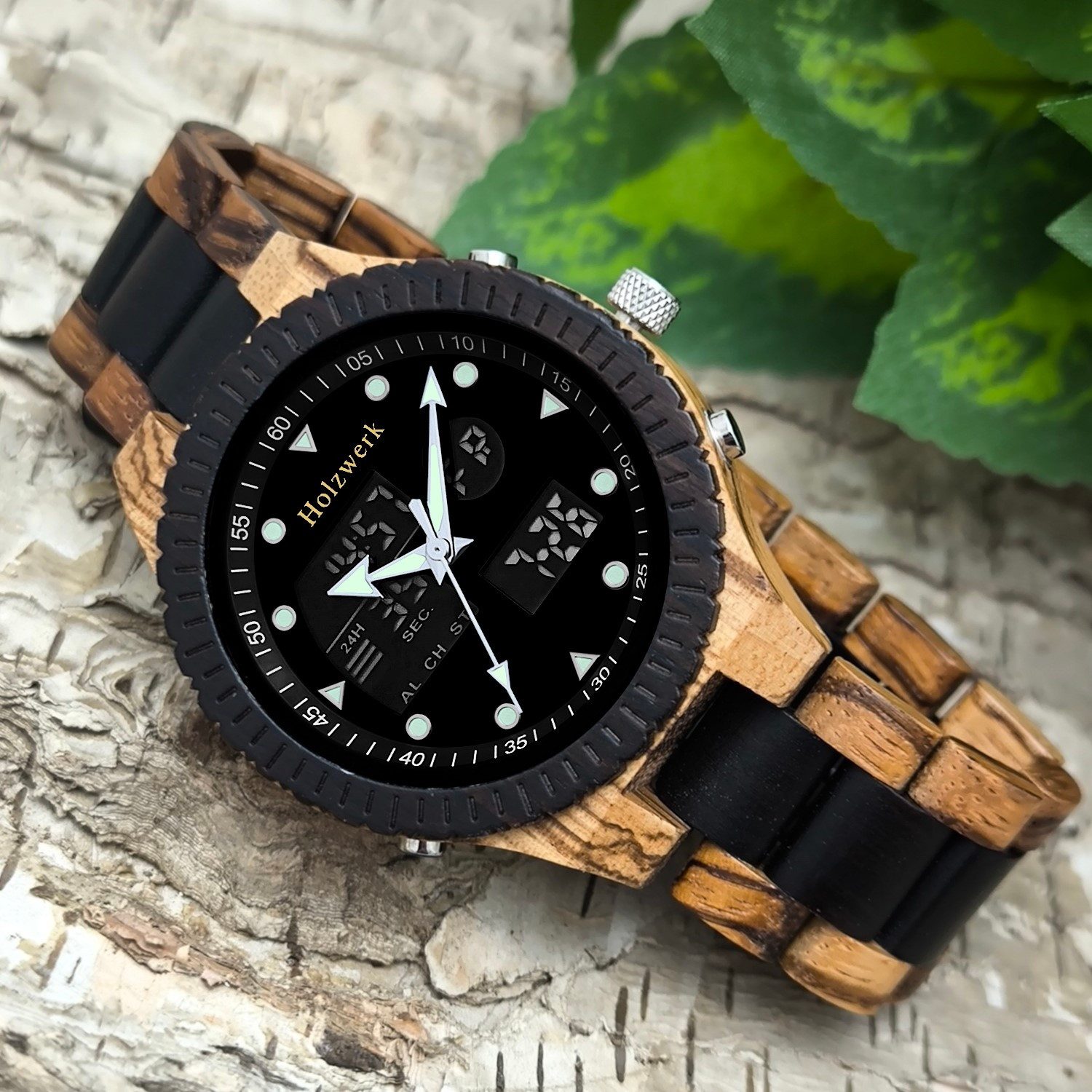 Holzwerk Digitaluhr HALLSTADT Holz Armband Uhr mit Datum, schwarz, braun HALLSTADT