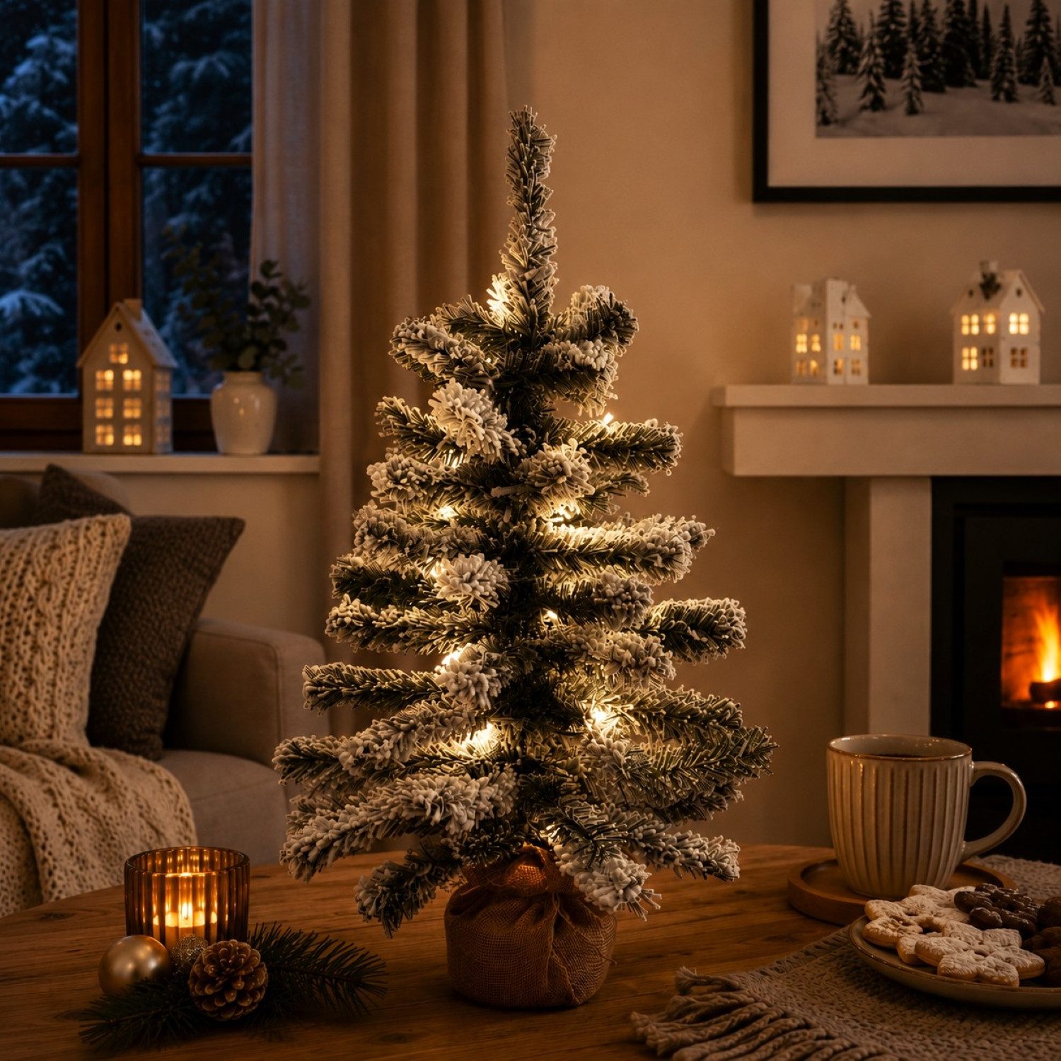 Online-Fuchs Künstlicher Weihnachtsbaum mit Schnee bedeckt und LED-Beleuchtung inkl. Timer - Weihnachtsdeko, 60 cm kleiner Tannenbaum, 20 warmweiße LEDs sorgen für ein gemütliches Ambiente