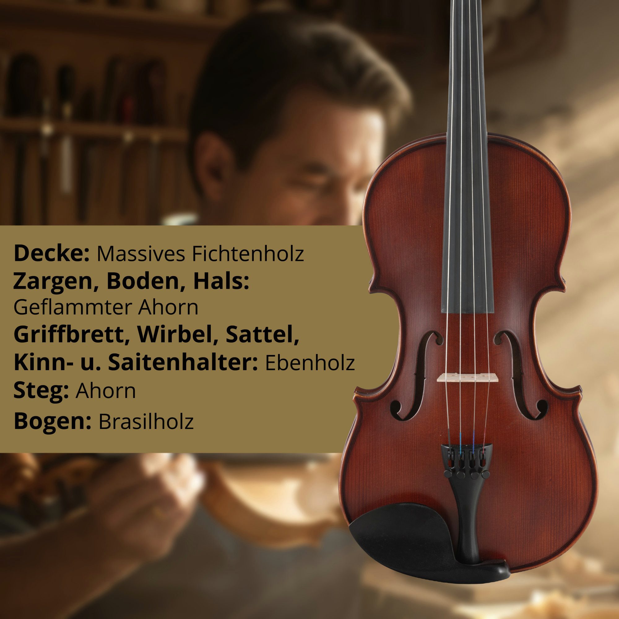 Classic Cantabile Violine Brioso Violinenset 4/4, Student-Set, Inkl. Leichtkoffer, Bogen, Schulterstütze und Kolofonium, Aus massivem Fichtenholz geschnitzte Decke