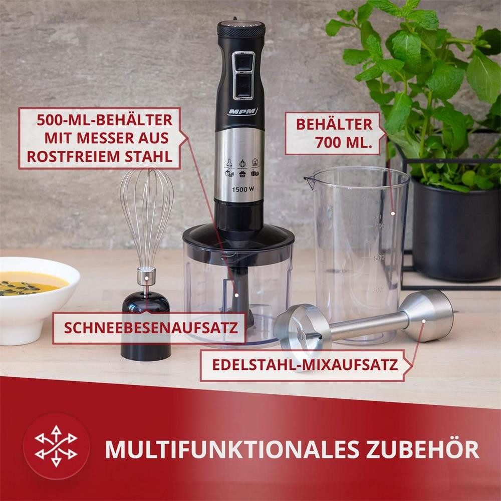 MPM Stabmixer MPM MBL-34M Stabmixer-Set 1500 W mit 9 Stufen, 9 Geschwindigkeitsstufen, Turbo-Funktion, Edelstahl-Mixfuß – Bild 4 von 5