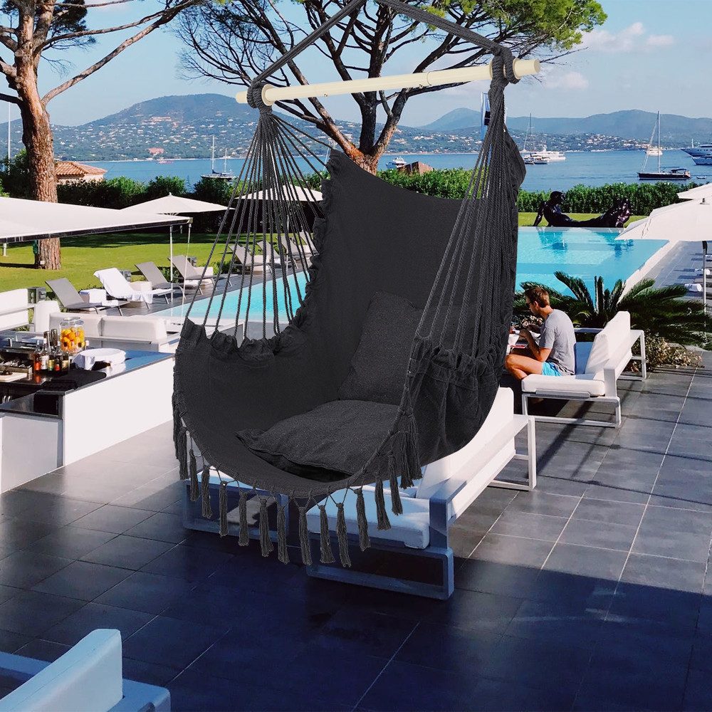 LALAHO Hängesessel Hängesessel mit 2 Kissen Hängestuhl, Hängeschaukel XXL für Indoor Outdoor Garten, Grau – Bild 2 von 5