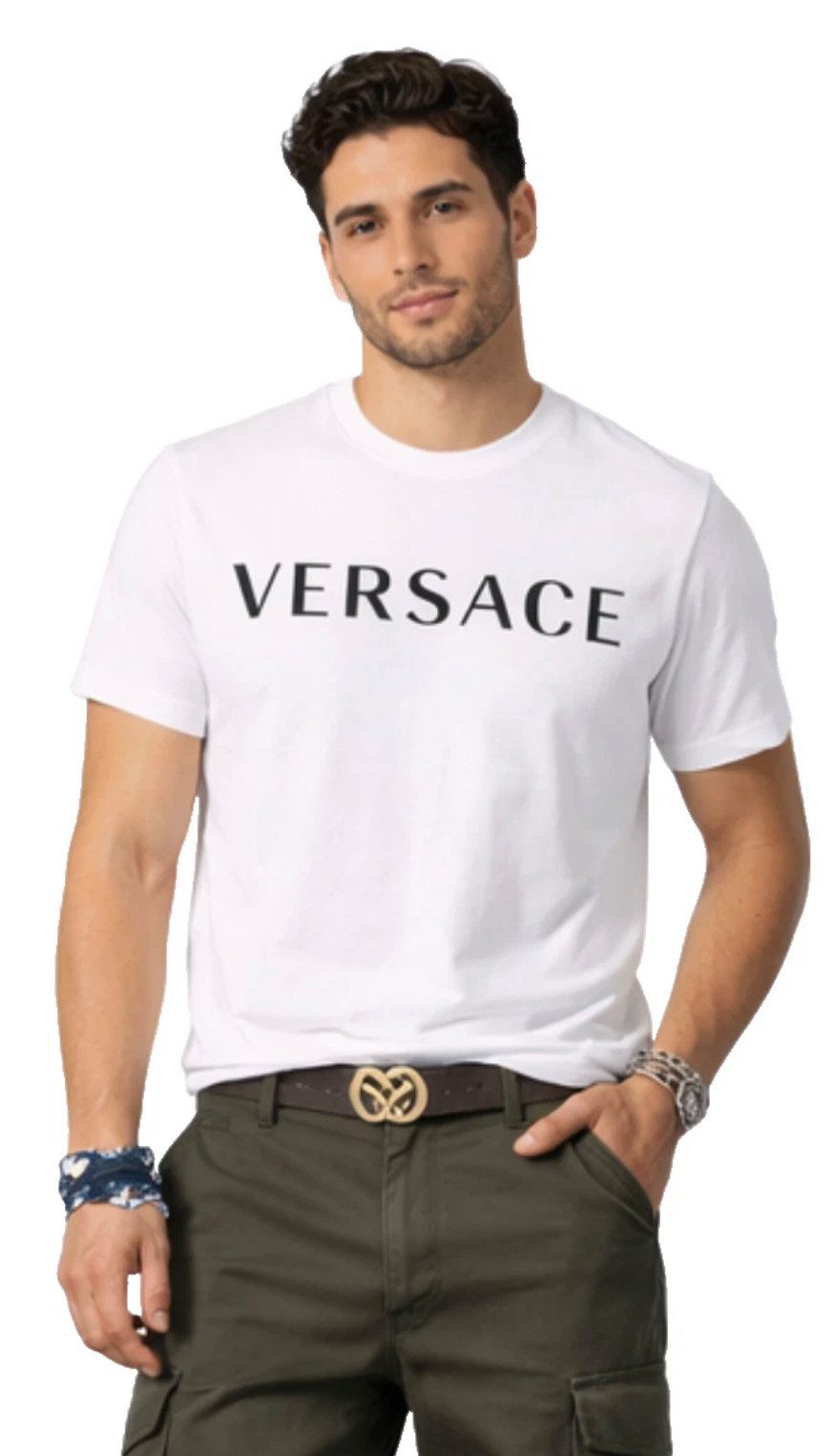 Versace T-Shirt Main Line Stickerei Logo Rundhals Kurzarm Tee Unisex Sofort authentifizierbar durch QR-Code über das Versace System