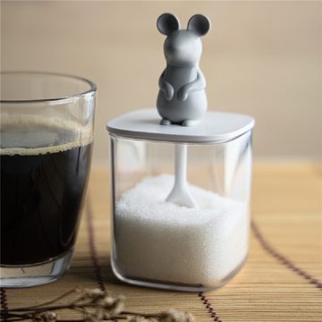 Qualy Design Aufbewahrungsdose Seasoning Behälter Lucky Mouse mit Löffel (für ca. 250 ml, 1 St., Vorratsbehälter Kunststoff transparent), Maus, grau, ca. 7,2 x 7,2 x 14 cm