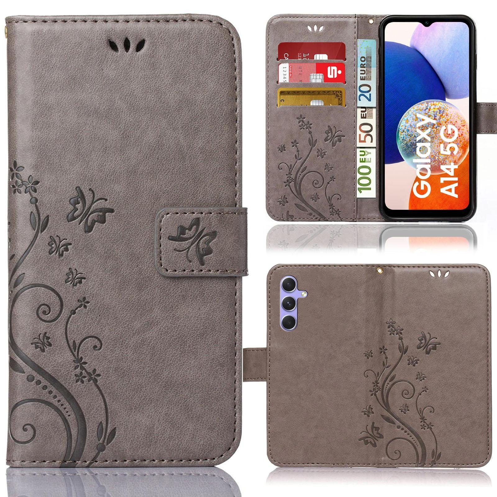 Numerva Handyhülle Bookstyle Flower für Samsung Galaxy A14 / A14 5G, Handy Tasche Schutzhülle Klapphülle Flip Cover mit Blumenmuster