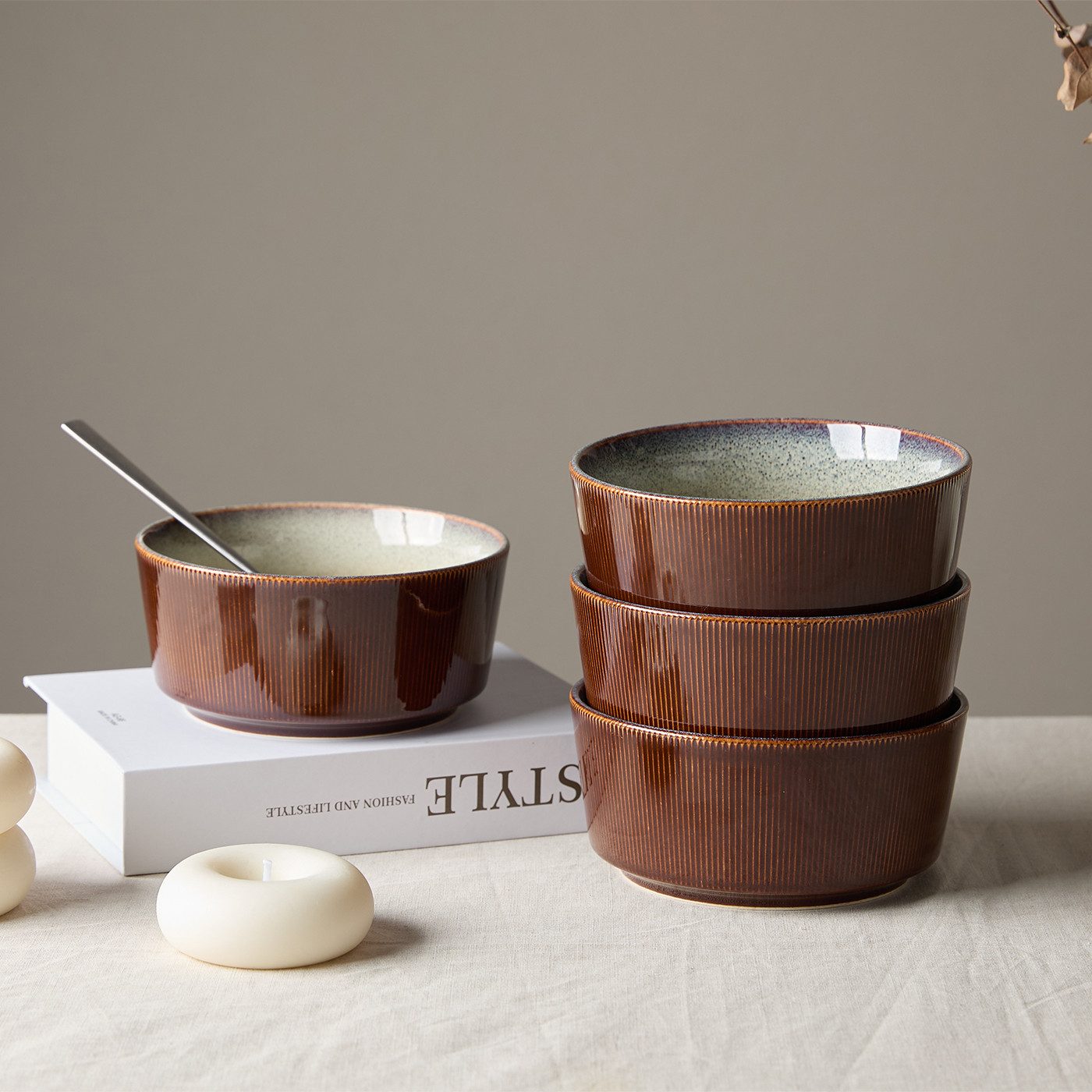 JIWOO Salatschüssel 4er Ø15,3cm, Müslischüssel Suppenschüssel Suppenschale Dessertschale, Keramik, (Set, 4-tlg), Bowl, Hochwertiges Schüssel Braun Mikrowellen spülmaschinenfest