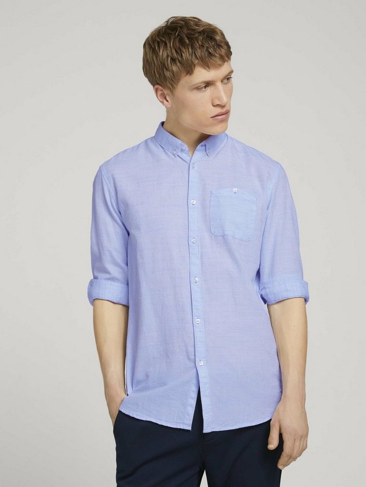 TOM TAILOR Denim Langarmhemd Strukturiertes Hemd mit Brusttasche,  Langärmlig mit Button-Down Kragen und Knopfleiste