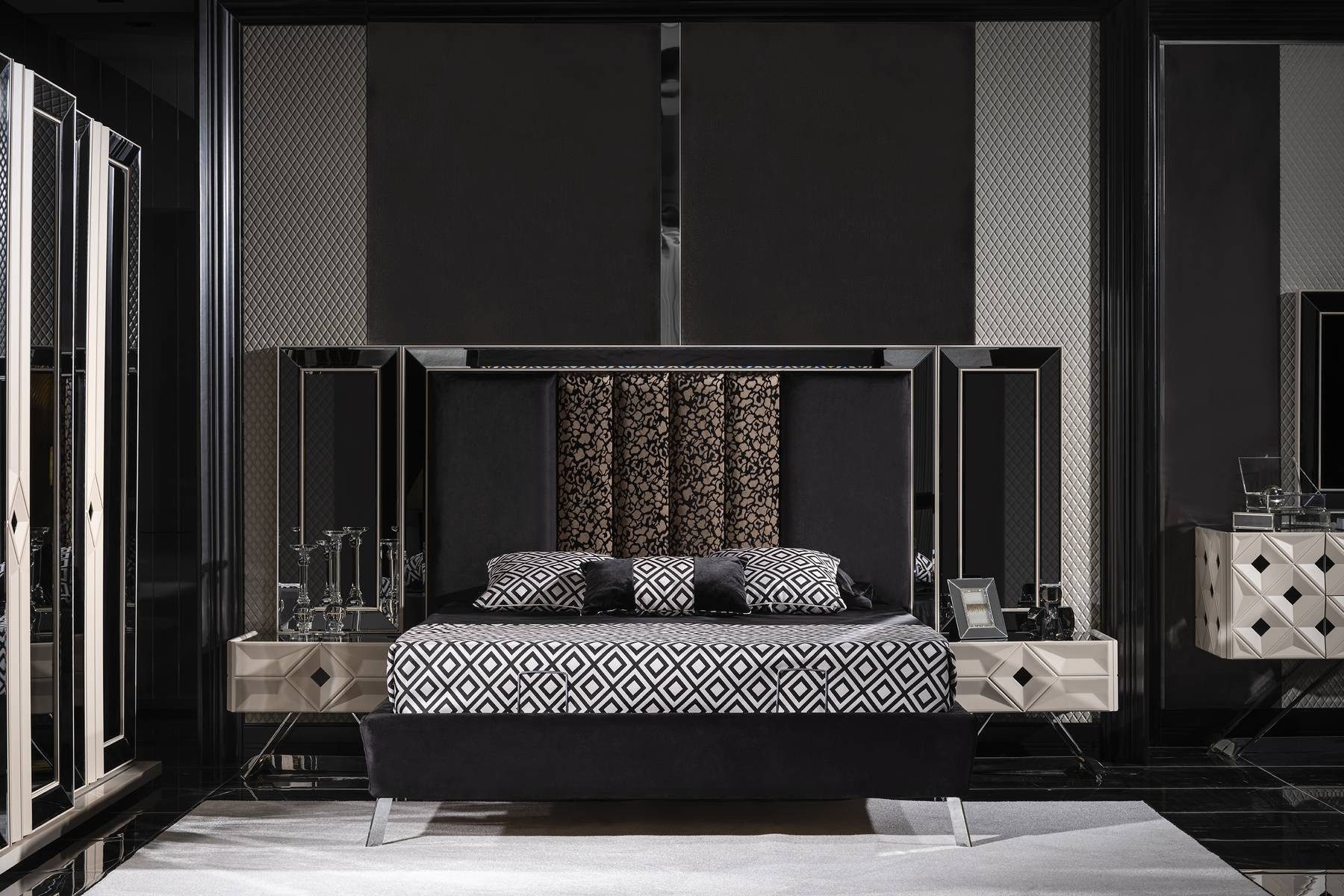 JVmoebel Schlafzimmer-Set Schwarzes Holz Schlafzimmermöbel mit Bett und Nachttischen, (3-tlg., Bett, 2x Nachttische), Made in Europe