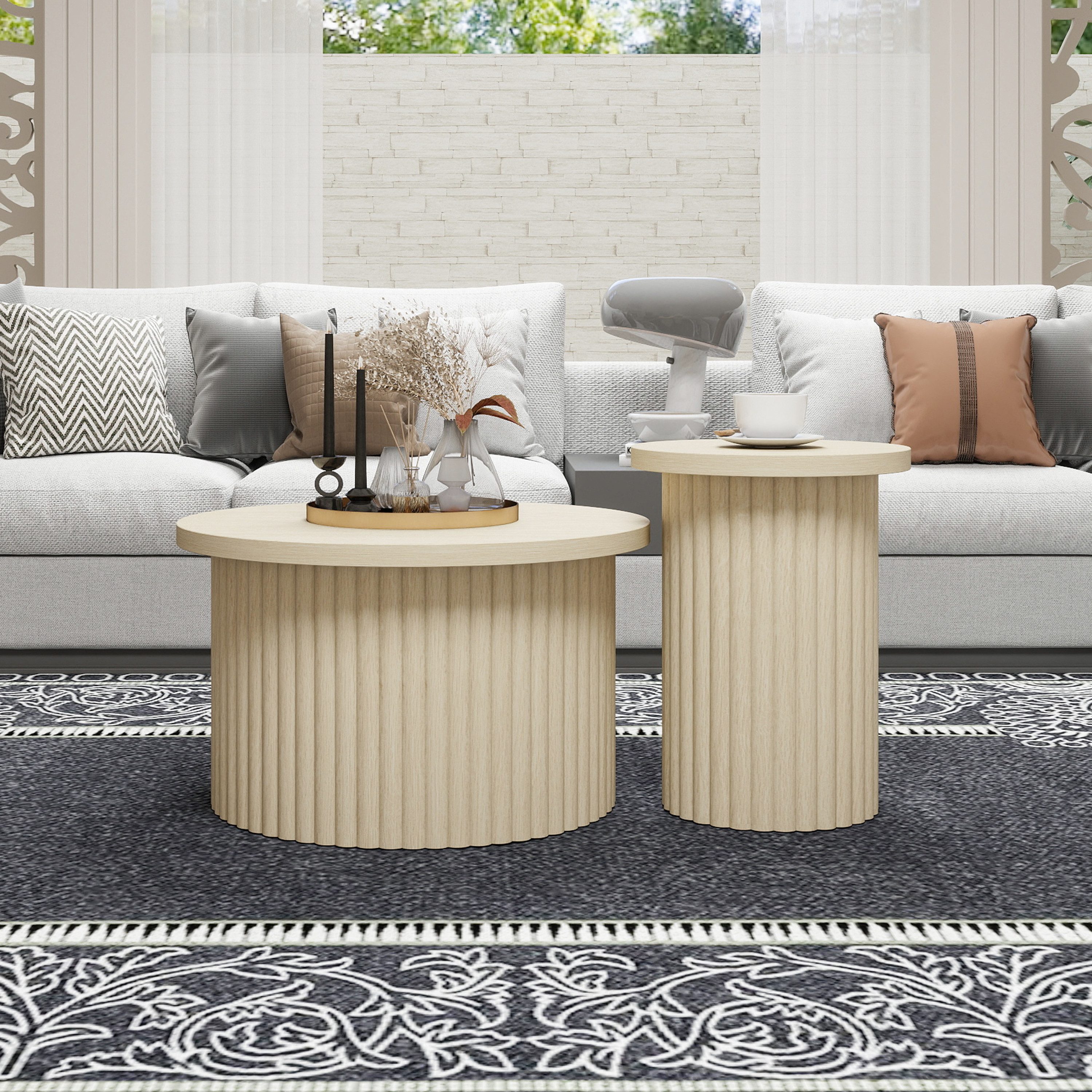 Celya Couchtisch Wohnzimmertisch, Rundes Couchtisch-Set im 2er-Pack (ideal für Wohnzimmer, Schlafzimmer, Arbeitszimmer oder Büro), mit natürlicher Holzoptik und wellenförmiger Struktur
