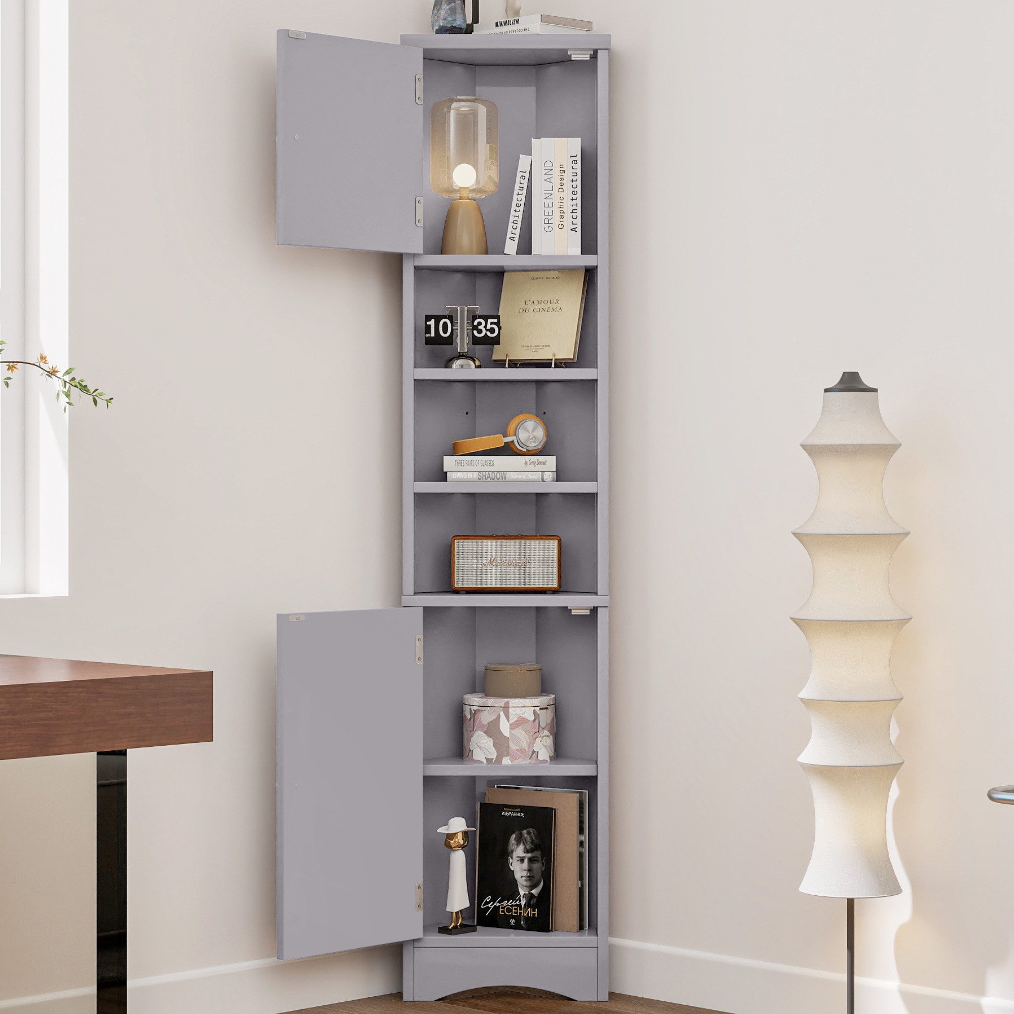 Wildhome Eckschrank Hochschrank Badschrank Küchenschrank Standregal, 170 x 37 x 24,5 cm (1-St) mit Doppeltüren, 3 offenen Regalböden & verstellbaren Einlegeböden