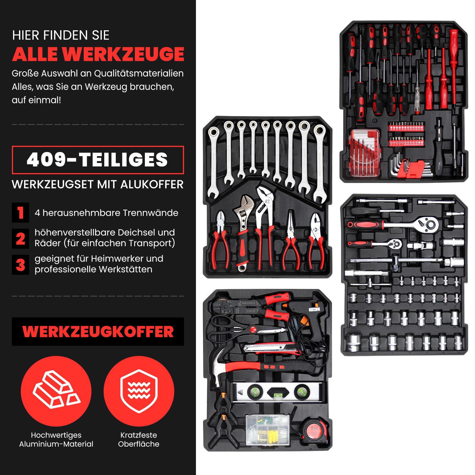 Walter Stahl Germany control Werkzeugkoffer 409 tlg Werkzeugset (Set, 409 St., Mit Aluminium-Werkzeugkasten), Chrom-Vanadium Stahl