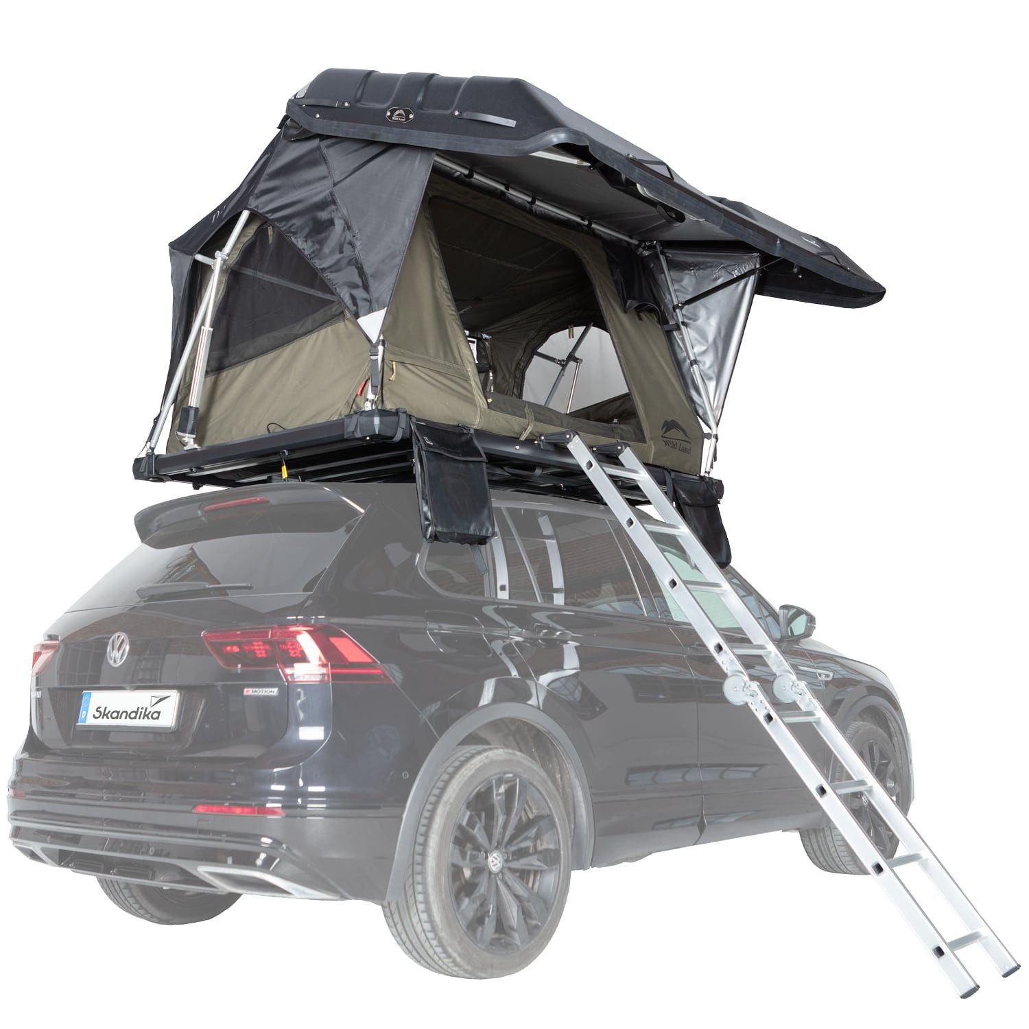 Skandika Dachzelt Dachzelt Auto Wildland, Autodachzelt Hartschale für 2 Personen, Personen: 2 (Tasche mit Werkzeugen und Montageteilen, vollautomatisches Aufklappen), Solarzellen, Moskitonetz, wasserdicht 3000 mm, LED-Leiste