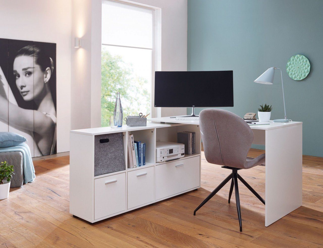 furnicato Schreibtisch Schreibtischkombination 136x75,5x155,5 cm Weiß mit  Sideboard