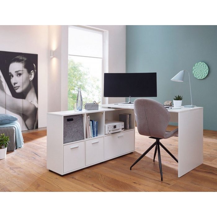 furnicato Schreibtisch Schreibtischkombination 136x75 5x155 5 cm Weiß mit Sideboard