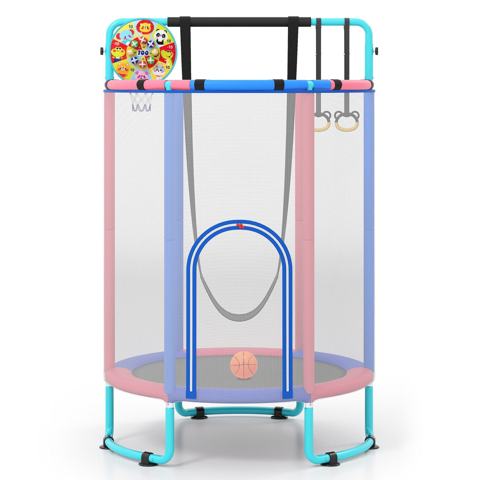 COSTWAY Kindertrampolin, Ø 140 cm, (1 tlg), Trampolin, Gartentrampolin mit Basketball & Bällen