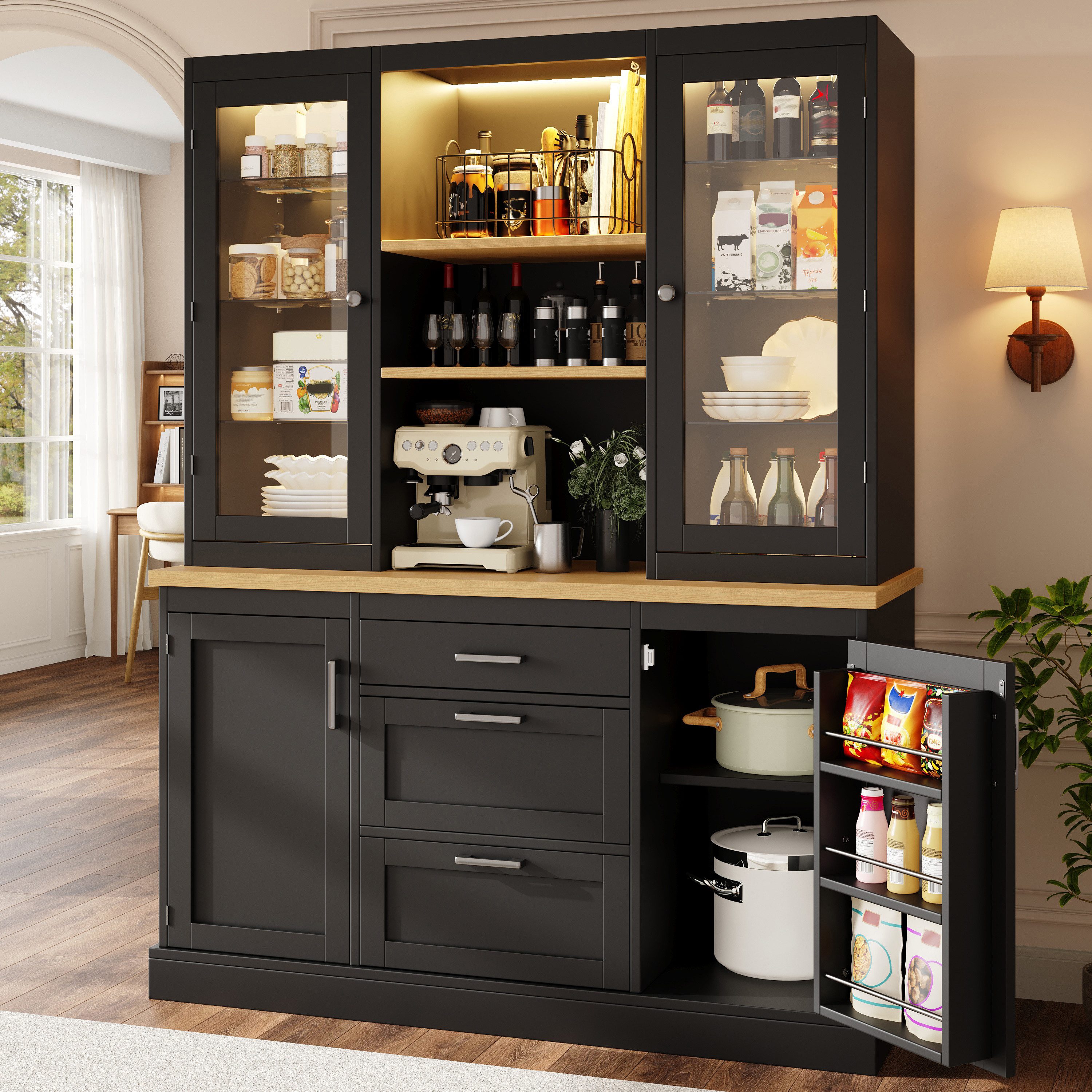 Flieks Küchenbuffet mit LED-Beleuchtung, verstellbarer Glaseinlegeböden und Arbeitsplatte (1-St., B140/T40/H185 cm) Hochschrank Küchenschrank Glasvitrine in Landhausstil Schwarz