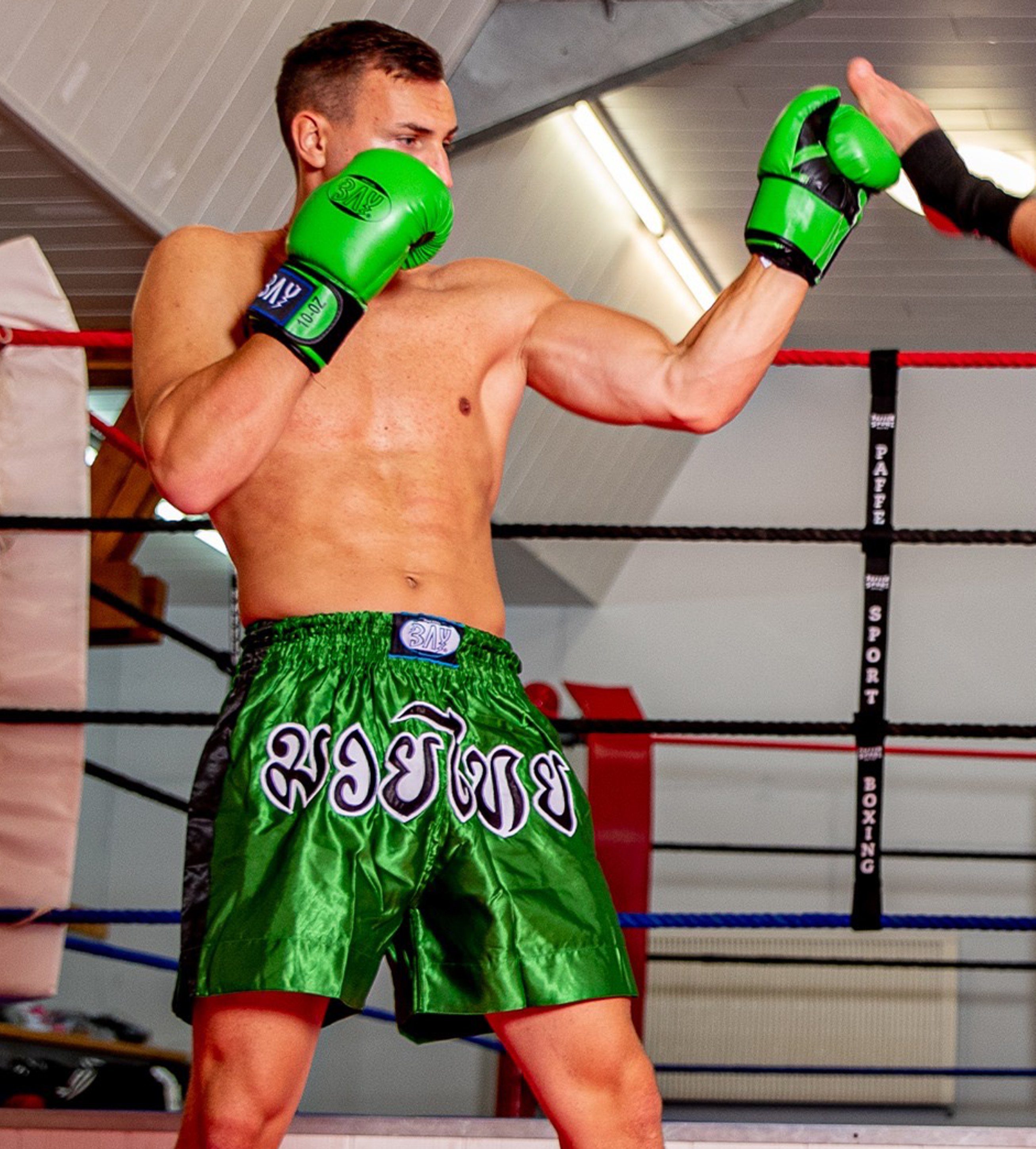 BAY-Sports Sporthose Thaiboxhose REMY Muay Thai Hose Shorts Thaiboxen MMA kurz Kickboxen kurze, leichte, locker sitzende Trainingshose, Grün/Schwarz/Weiß