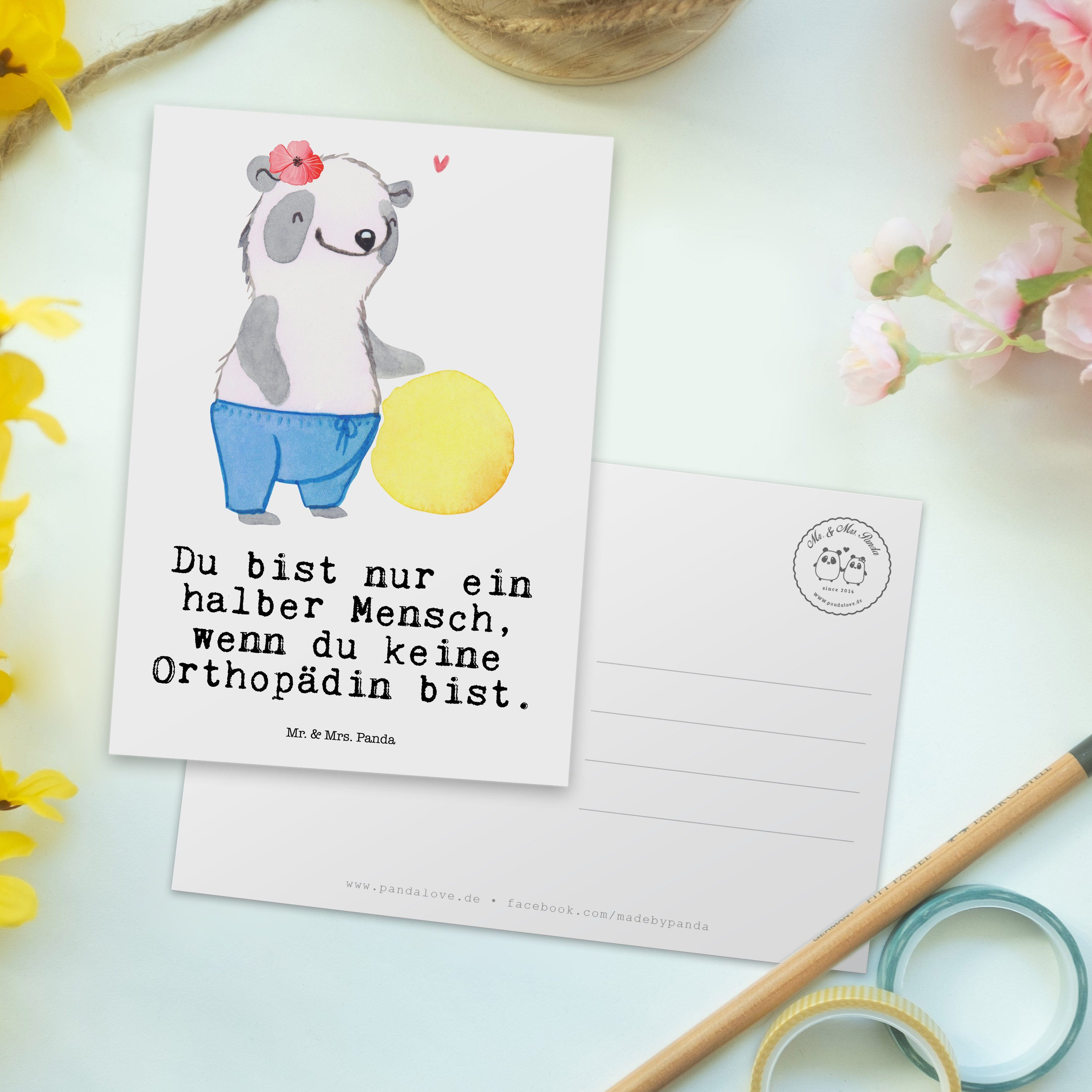 Weiß - - mit & Herz Postkarte Panda Schenken, Mrs. Ansichtskarte, Orthopädin Geschenk, Mr. Danke