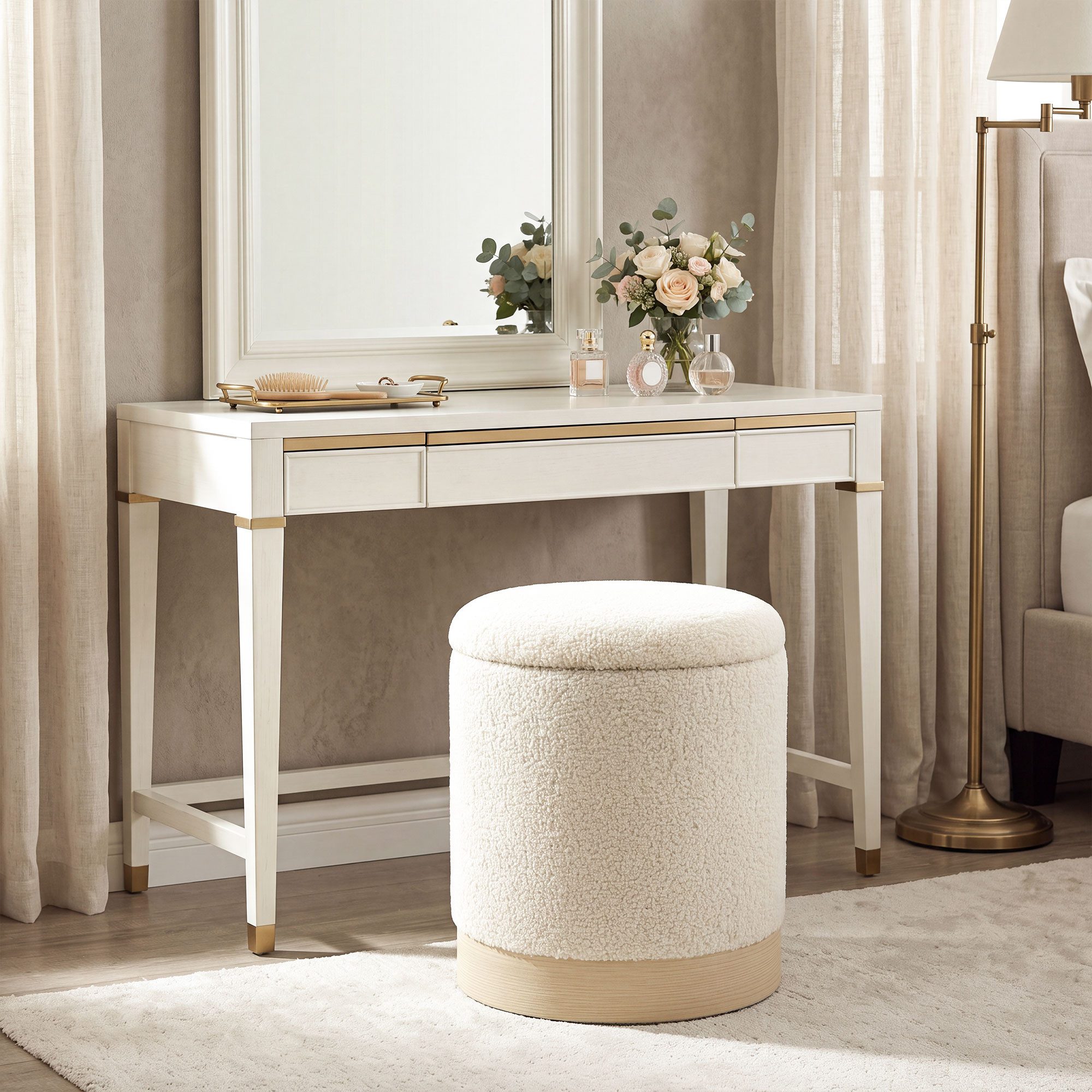 OKWISH Sitzhocker Rundhocker 38 cm mit Stauraum und Sherpa-Bezug Cremeweiß (1 St., Pouf Design für Schlafzimmer, Flur und kleine Räume), Aufbewahrungshocker mit Holzoptik Fuß für Wohnzimmer