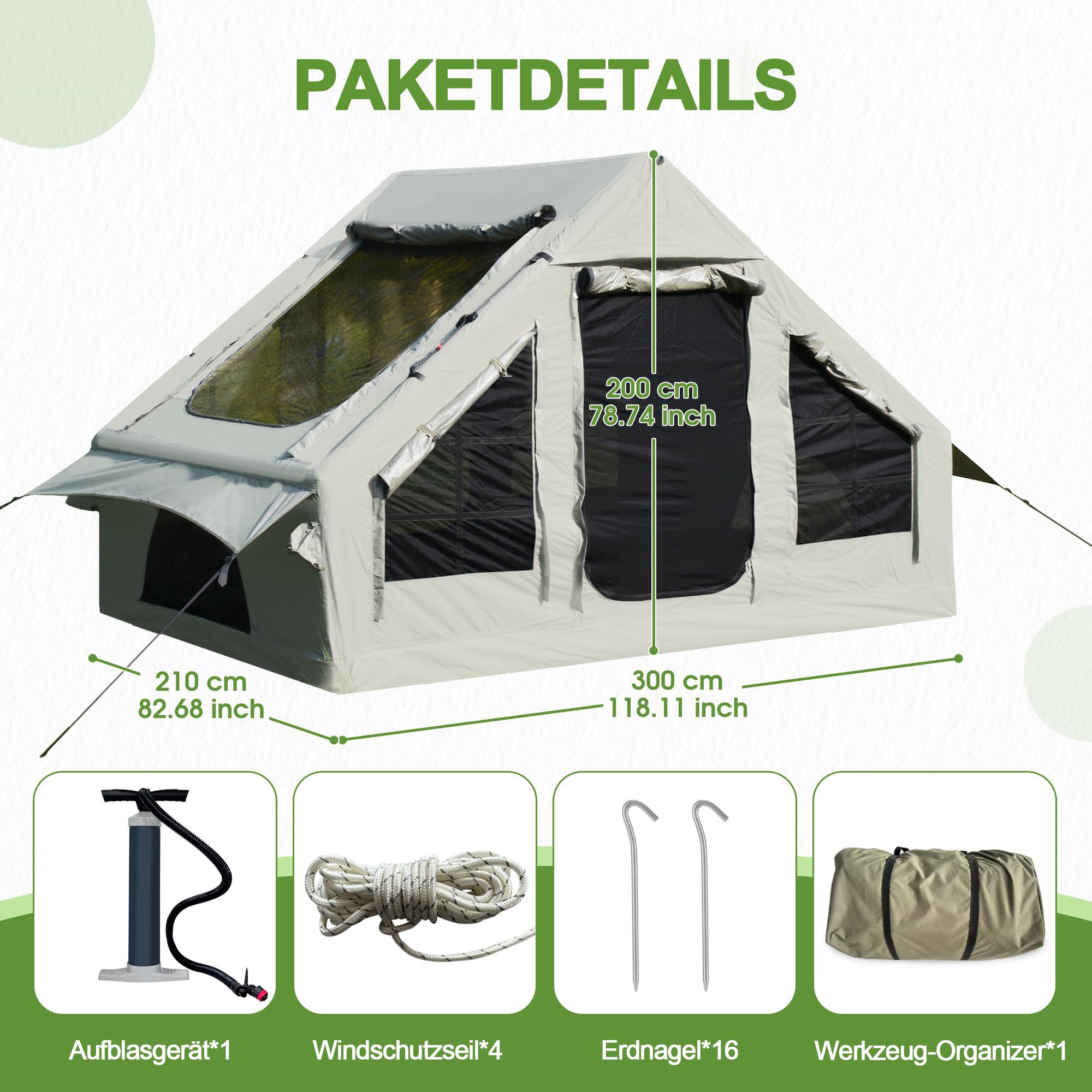 LVHOM aufblasbares Zelt 300x210x200cm(LxBxH) inkl. Handpumpe, Steildach, 2 günstig online kaufen