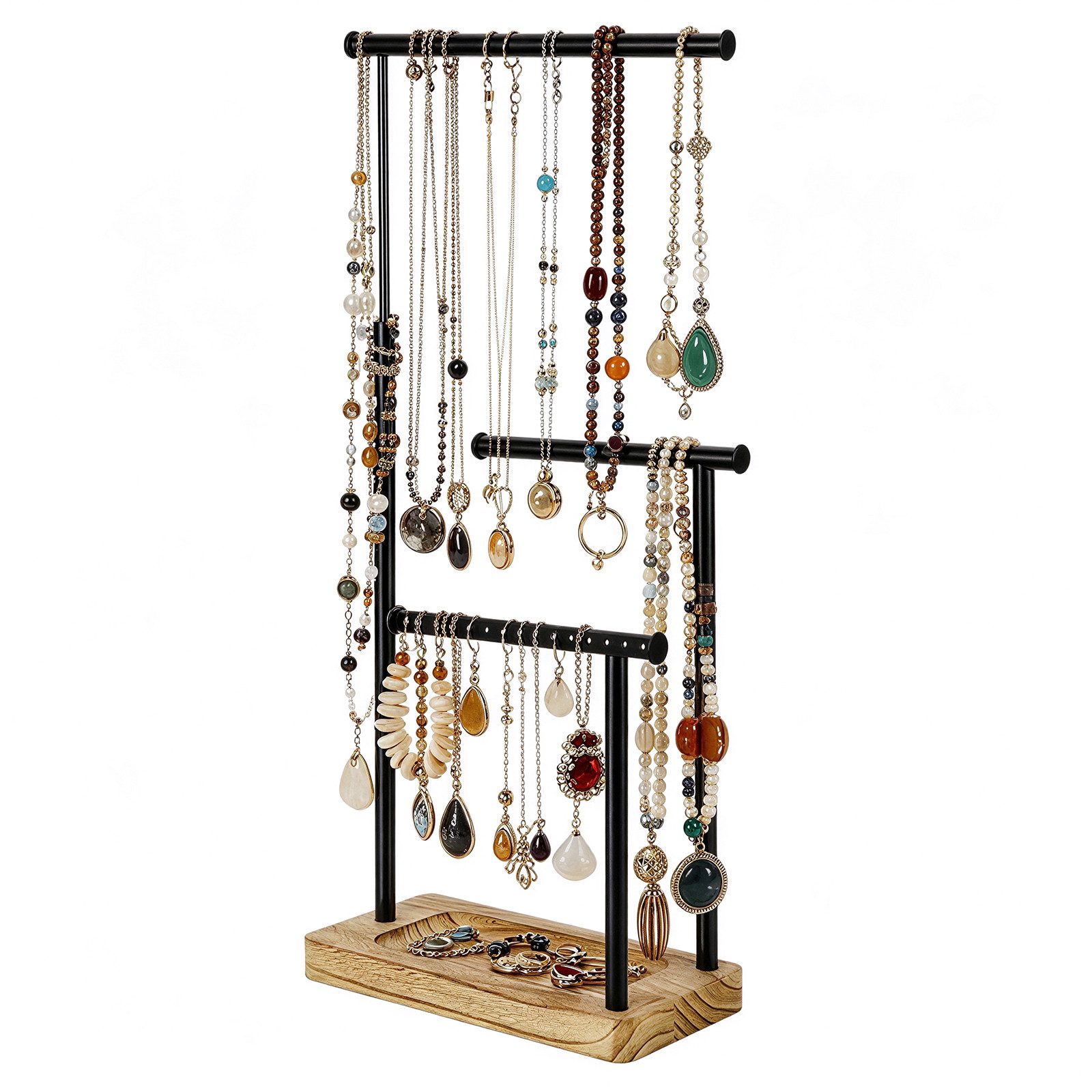 LEMLIT Schmuckständer Schmuckständer Holz Schmuckhalter Kettenhalter 3 Stäbe Drehbar (1er Set, 1 St., Ausziehbarer Halskettenhalter aus Metall mit Holzsockel), für Ohrringe, Armbänder, Ringe, Raumdekoration