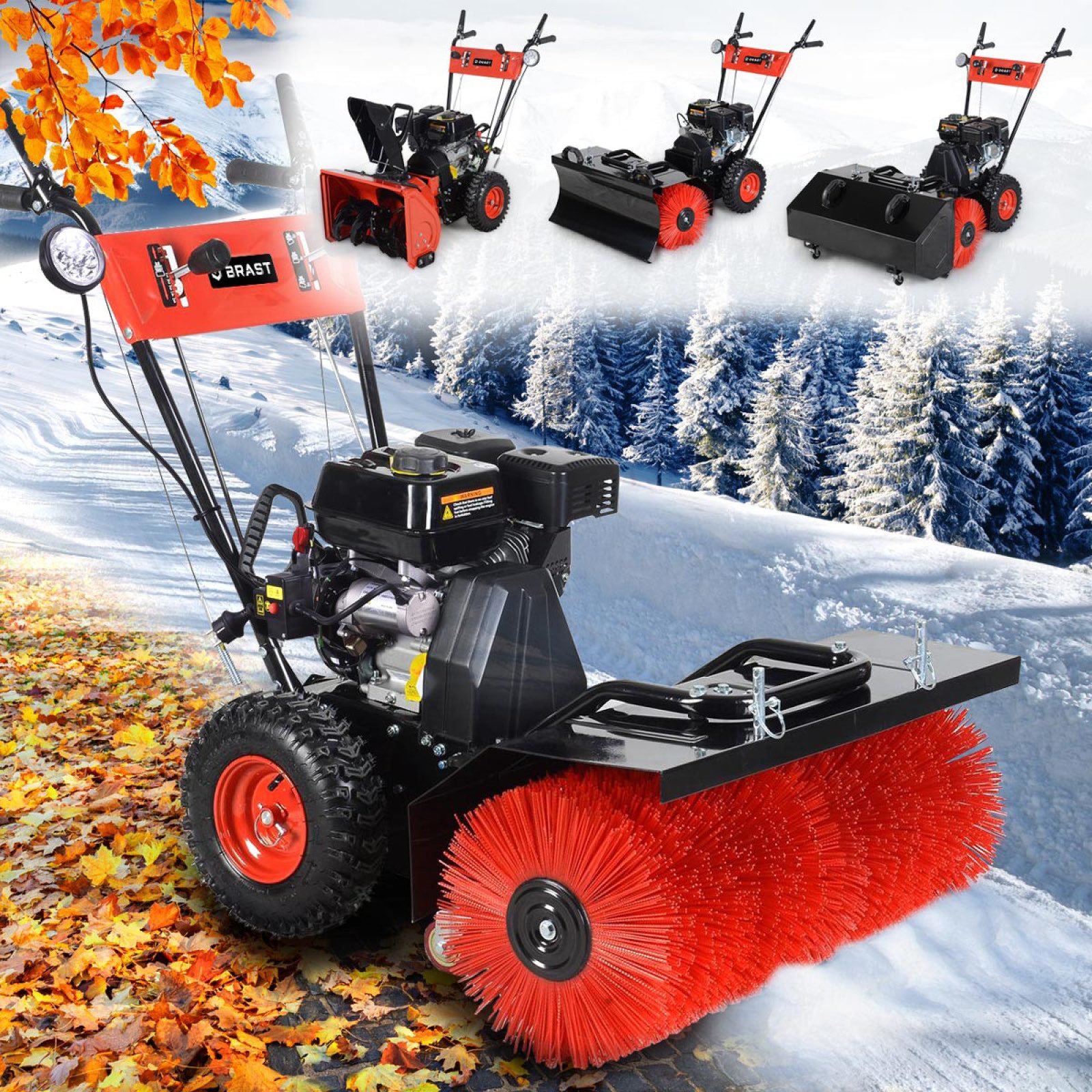 BRAST Benzin-Kehrmaschine 4-Takt Markenmotor, wechselbare Aufsätze, 5 Modelle, (4,8kW(6,5PS), inkl. Kehrbürste Laubsammler Schneeschieber Schneefräse), 4in1 Funktion