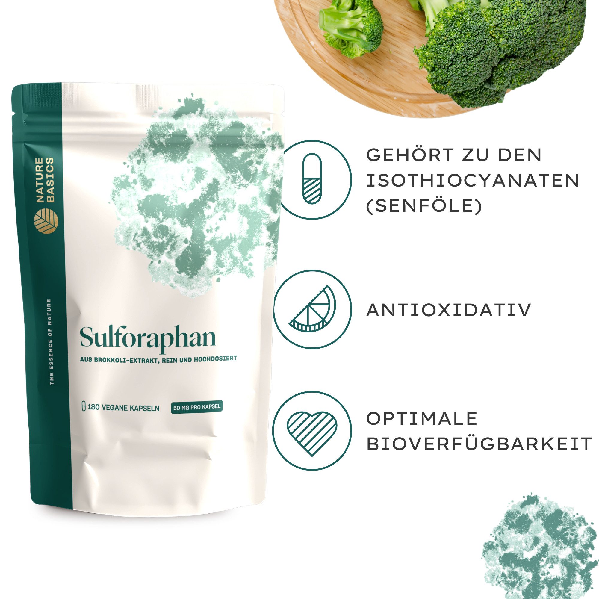 Nature Basics Sulforaphan 500mg Brokkoli Extrakt Vegane Kapseln 180 Kapseln, mit 10% reinem Sulforaphan, 50mg, pro Tagesdosis, Antioxidans à 110 g