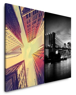 Sinus Art Leinwandbild 2 Bilder je 60x90cm Brooklyn Bridge New York Wolkenkratzer Nacht Architektur Großstadt USA