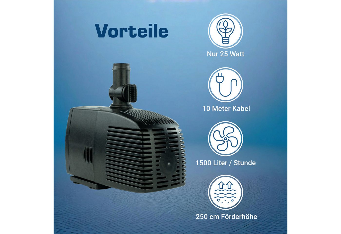 Thumbnail - KERRY Teichpumpe 230 V – 1.500 L/H, 25 Watt, 10m Kabel, 250 cm Förderhöhe, Wasserpumpe