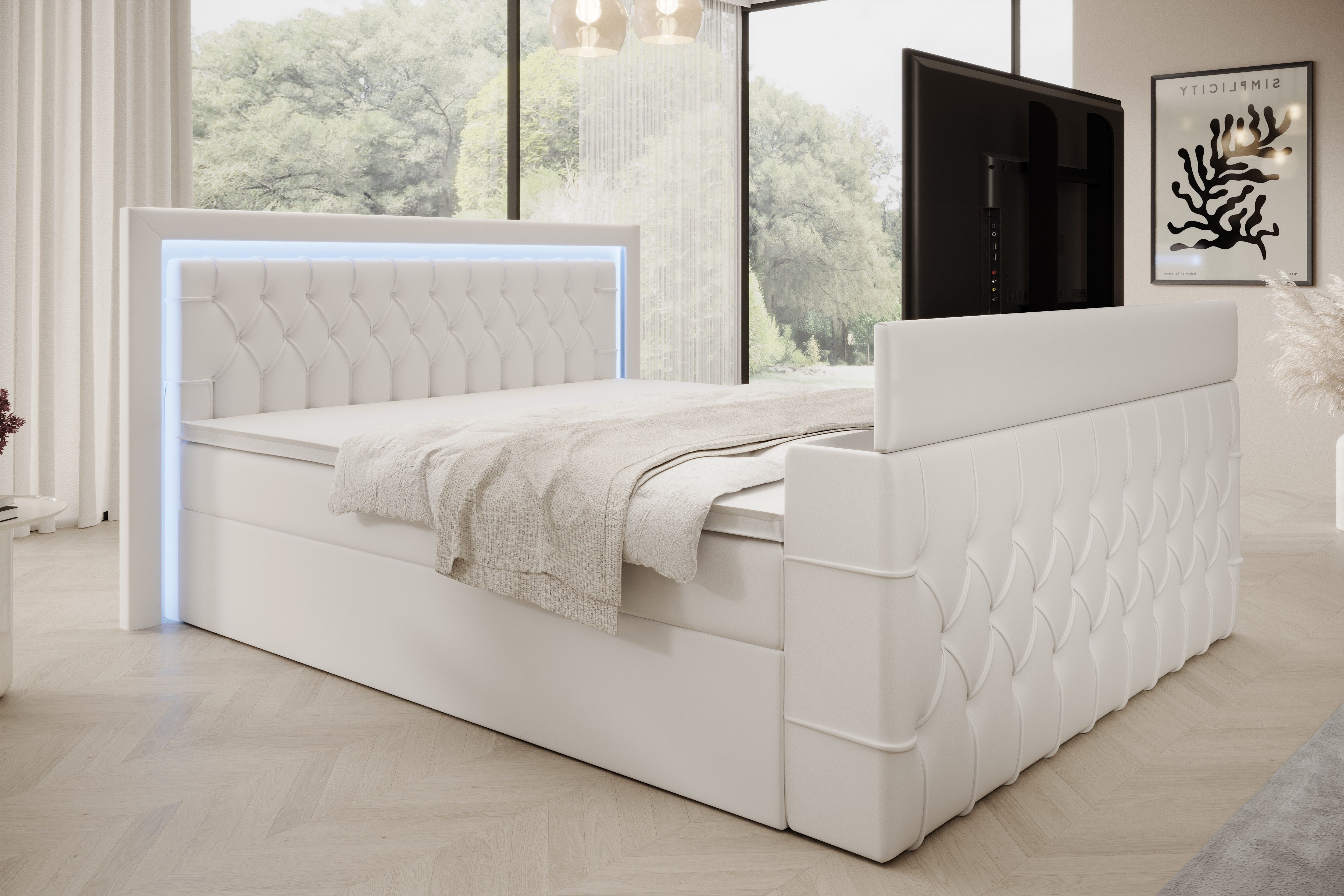 PROMETO Möbel Boxspringbett Doppelbett 180x200cm mit Matratze, Bettkasten TV-Lift LED Beleuchtung