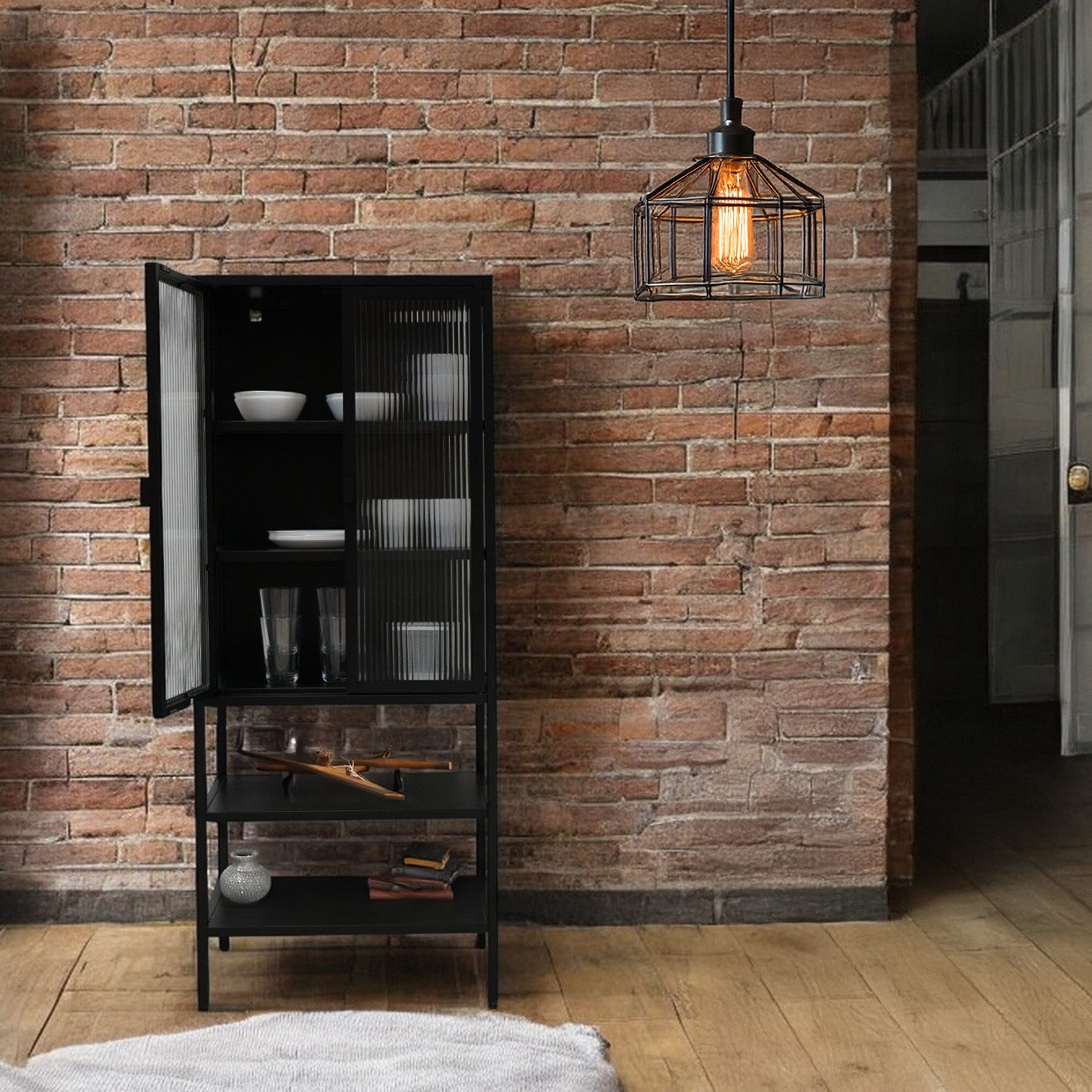 osoltus Sideboard osoltus Vitrine Schrank Riffelglas Stahl cube Schwarz Industrial 146