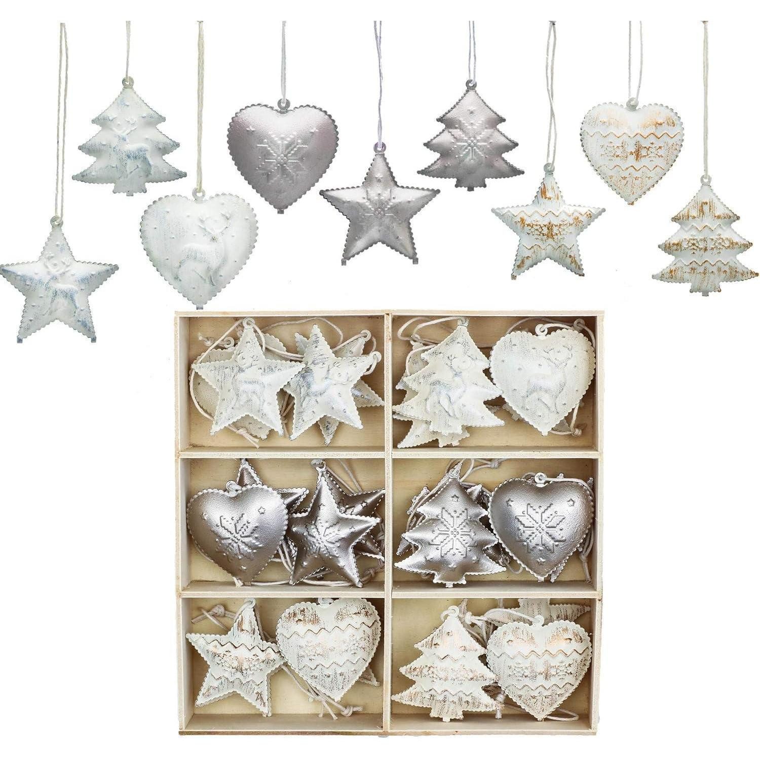 LuxusKollektion Baumbehang Metallanhänger Weihnachtsglocken 24er Set 5cm Herz Stern Baum