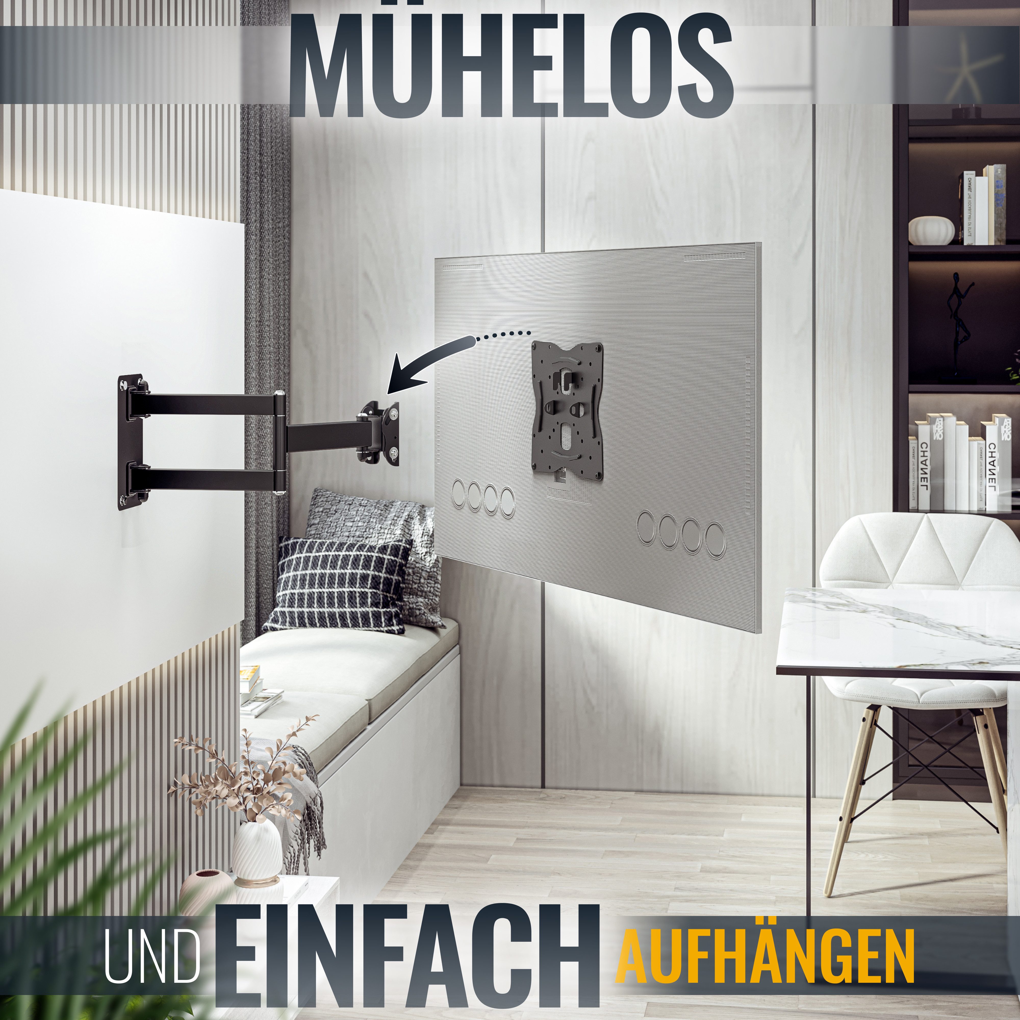 RICOO TV-Wandhalterung TV Monitor Wandhalterung 27"-55" mit Schwenk- und Neigefunktion S1022, (bis 55 Zoll, VESA 75x75 bis 200x200, 1-tlg., Aufnahme 30Kg, 27"-55" (69-140cm) Bildschirm Diagonale, bis 180° schwenkbar, +15/-3 °neigbar, ausziehbar Fernseher Halter)