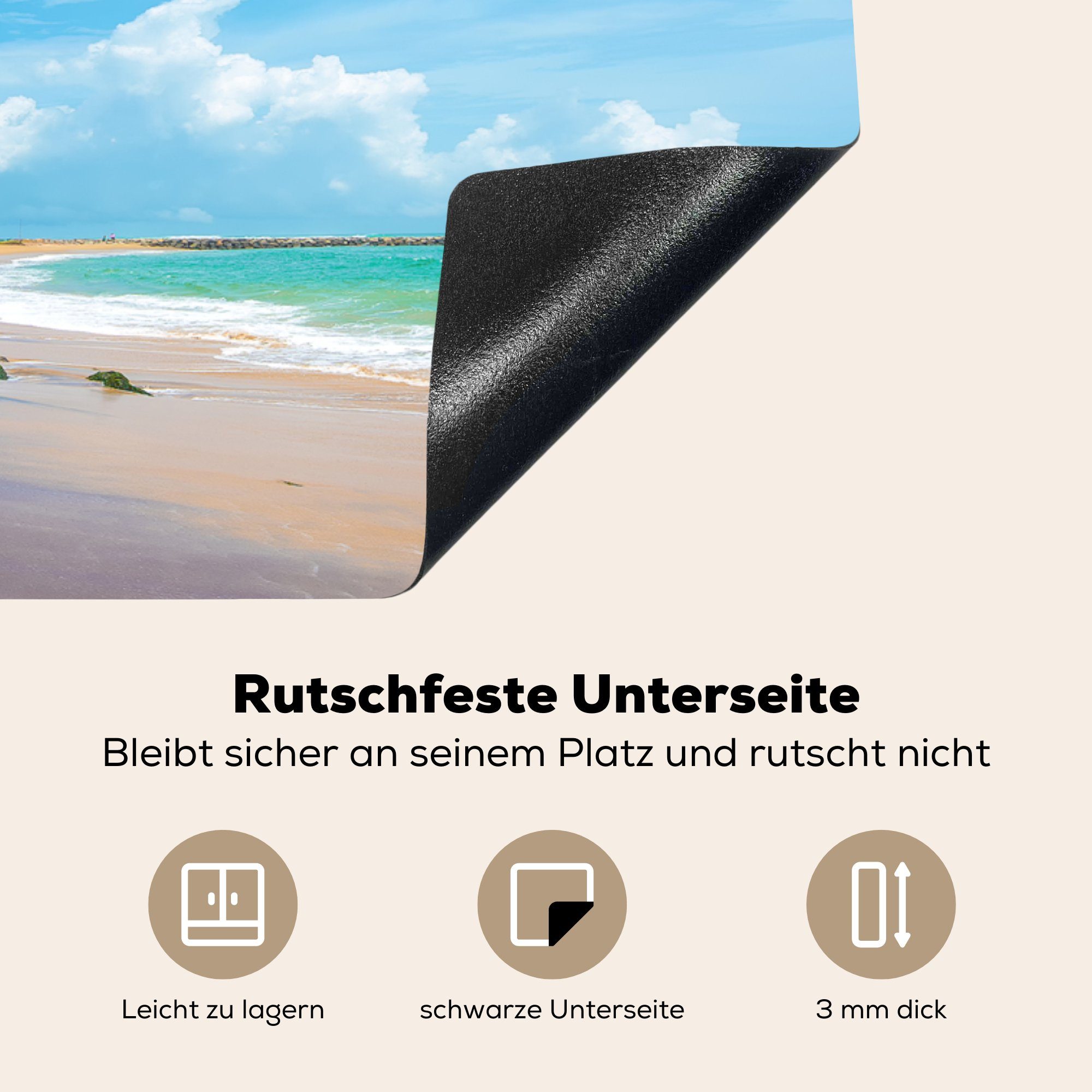 MuchoWow Herdblende-/Abdeckplatte Strand - Sand Vinyl, für die küche, Palme, (1 - Schutz Induktionskochfeld Ceranfeldabdeckung tlg), 81x52 cm
