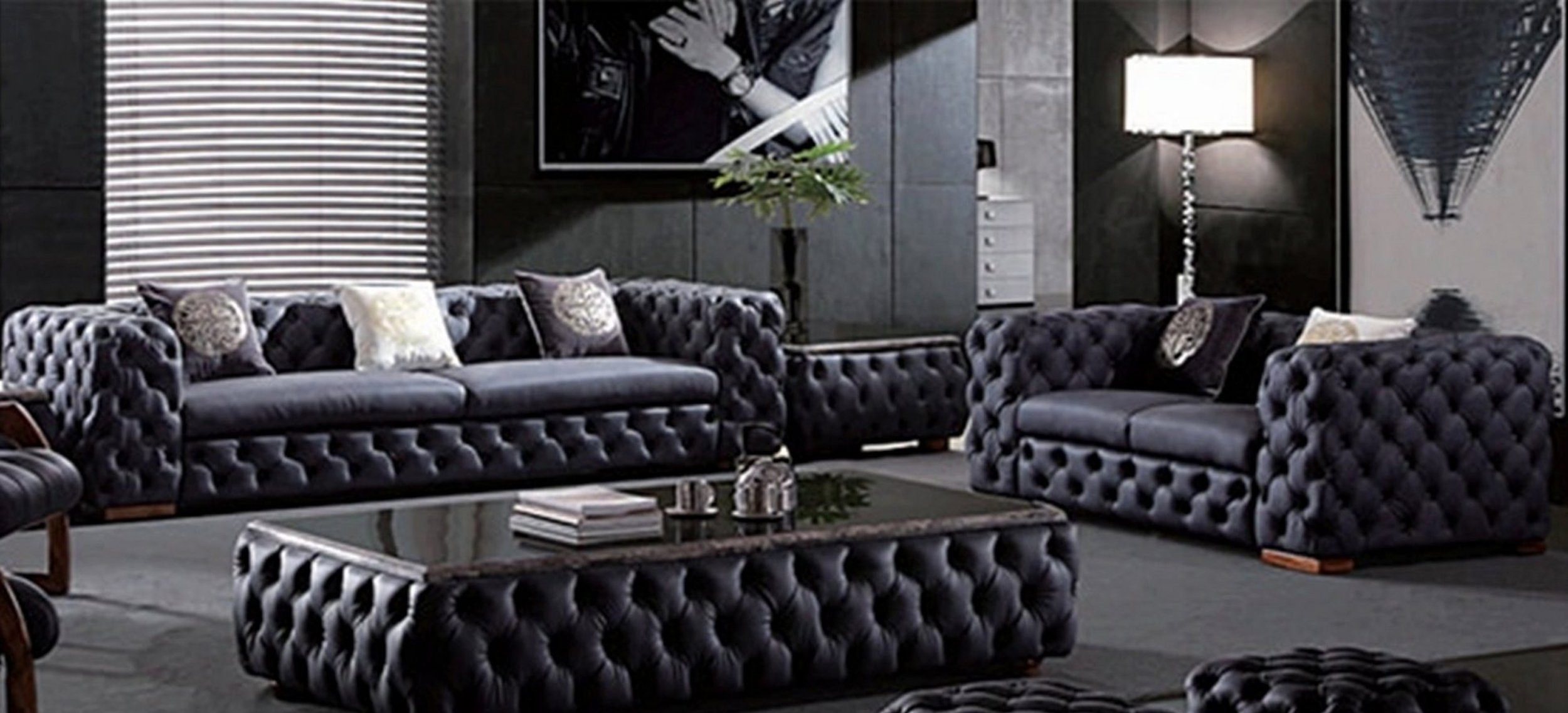 JVmoebel Polstergarnitur Chesterfield Sofa aus Leder oder Samtstoff in Schwarz, Made in Europa
