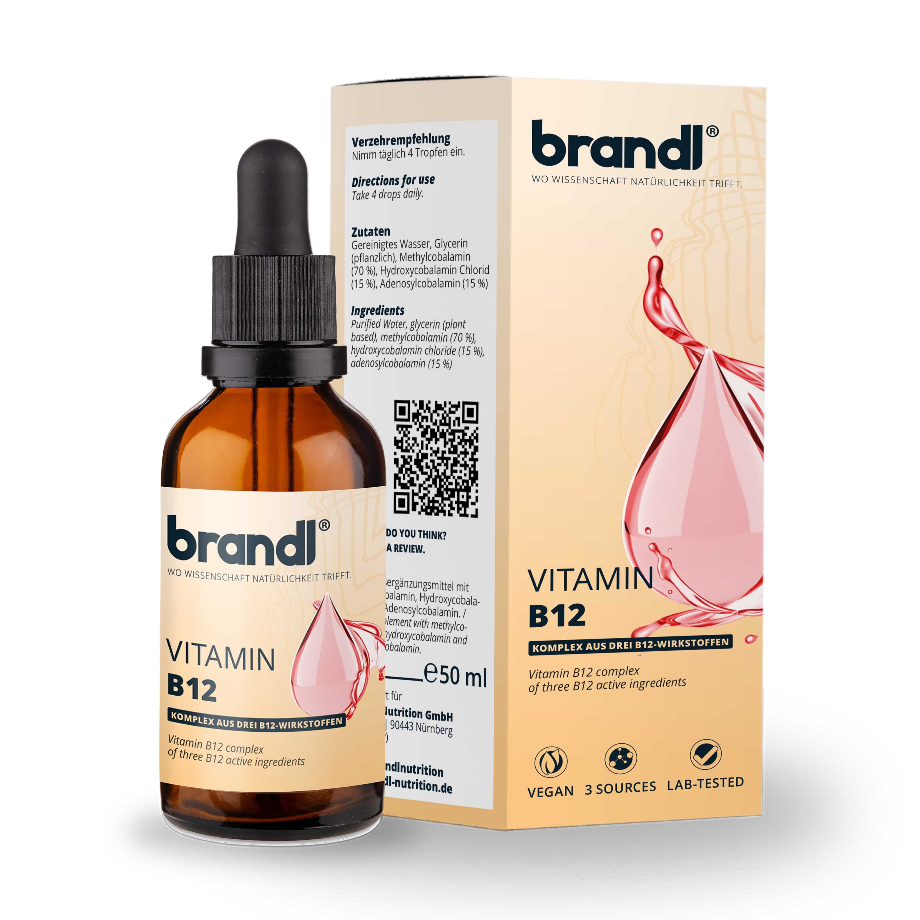 Brandl Nutrition B12 Vitamin Tropfen hochdosiert - 3 Aktivformen für Bioverfügbarkeit Flüßigkeit, Vegan & alkoholfrei mit pflanzlichem Glycerin ohne Zusatzstoffe