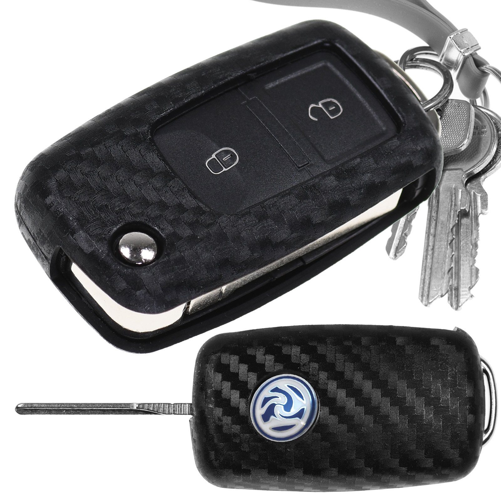 mt-key Schlüsseltasche Autoschlüssel Softcase Silikon Schutzhülle im Carbon Look, für VW Golf Polo Fox EOS Jetta SEAT Skoda bis 2009 2 Tasten Schlüssel