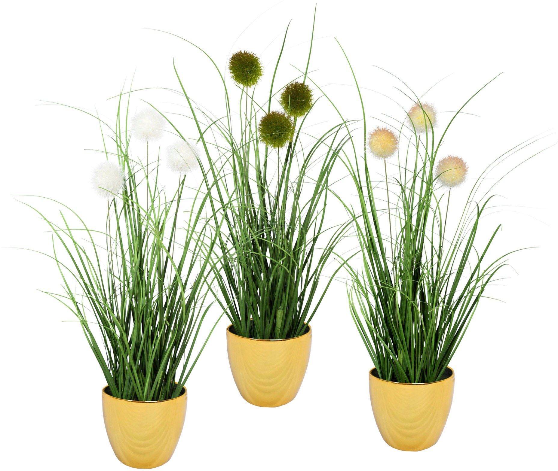Kunstgras Grasbusch mit Kletten, Leonique, Höhe 35 cm, Kunstpflanze, Gras, im Topf, 3er-Set grün/goldfarben